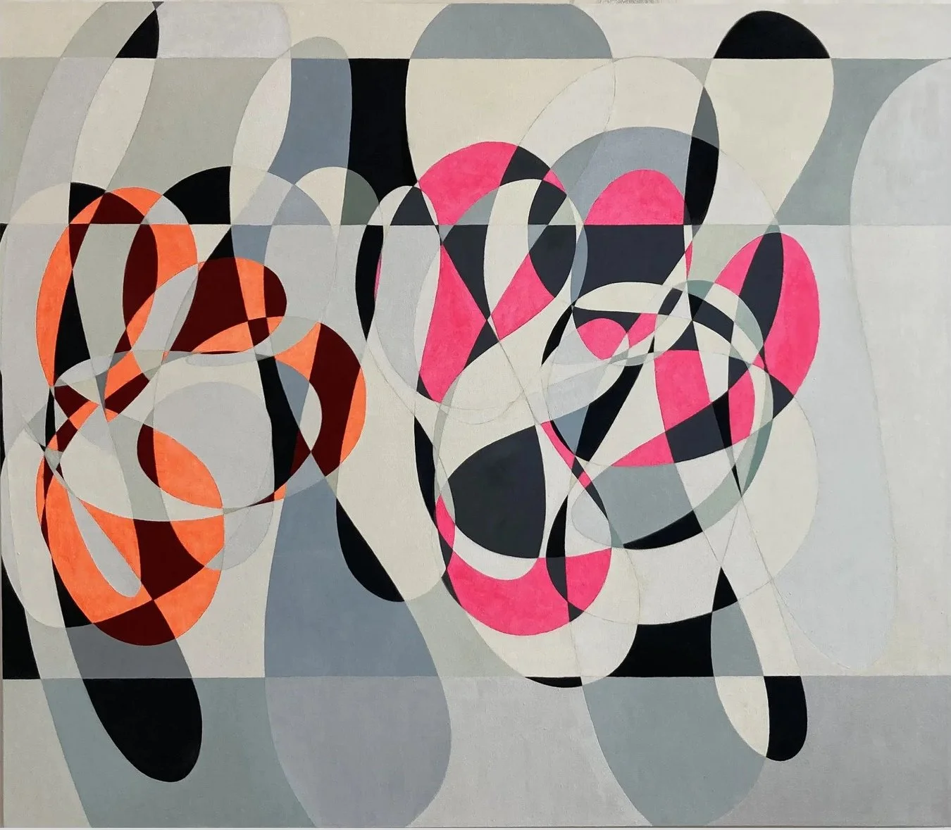 Burst 9 by Daniel Pailes-Friedman, overlapping curved forms in black, white and gray with pink and orange accents.