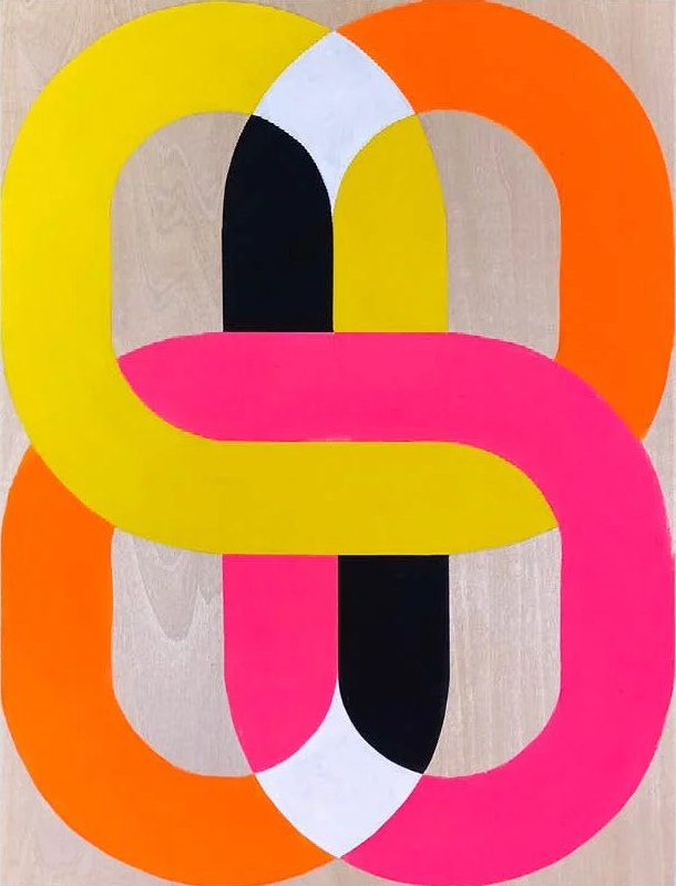 Embrace by Kazaan Viveiros, interlocking yellow, orange, pink, black and white loops on a wood-toned rectangular panel.