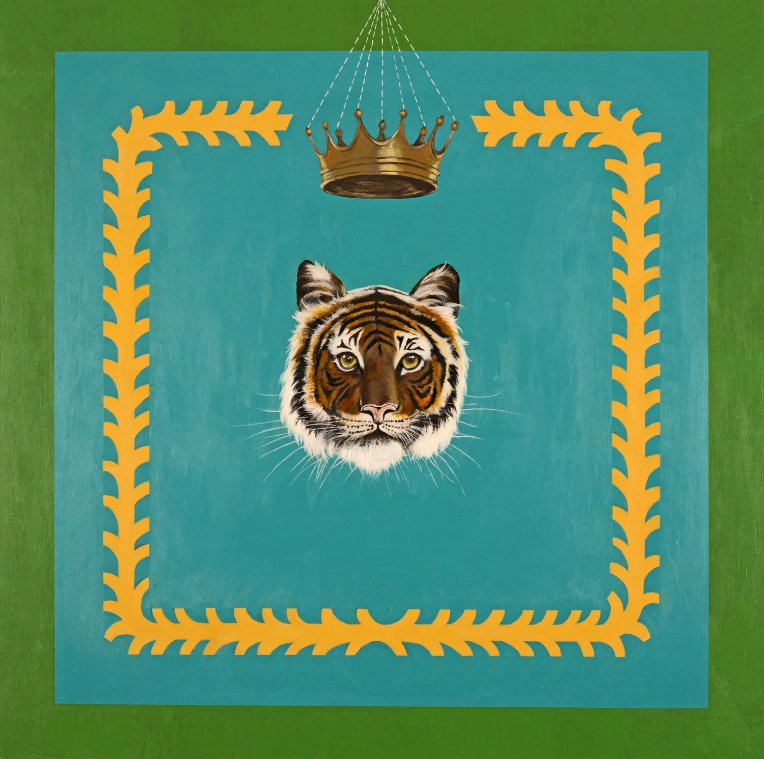 Tiger King by Kazaan Viveiros, showing a tiger’s head beneath a crown within a turquoise, green and yellow composition.
