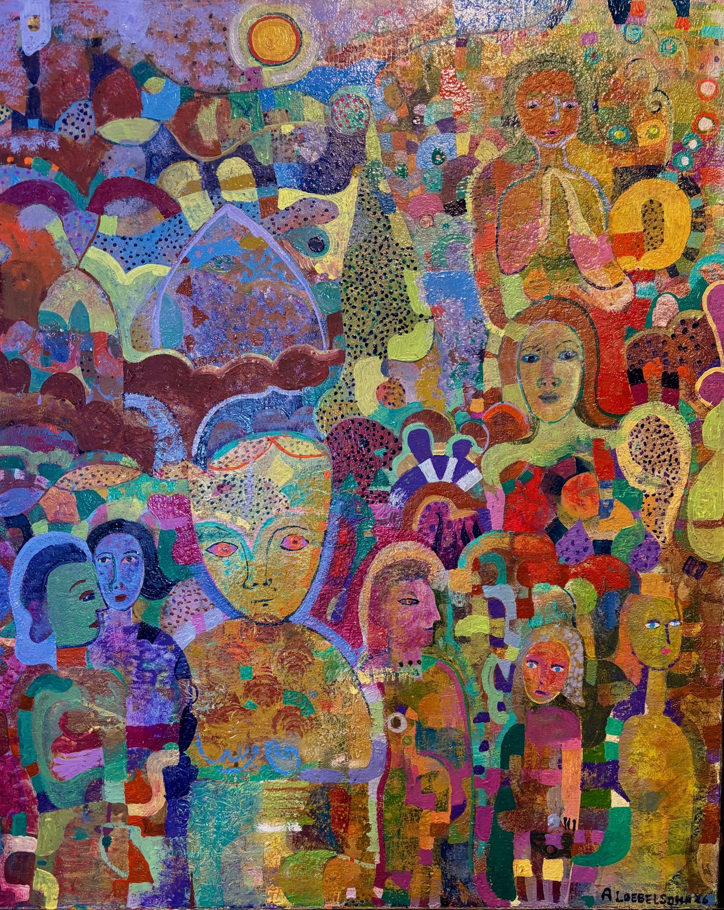 Orange Eyed Buddha by Alise Loebelsohn, a colorful figurative composition featuring multiple faces, patterns and abstract forms.
