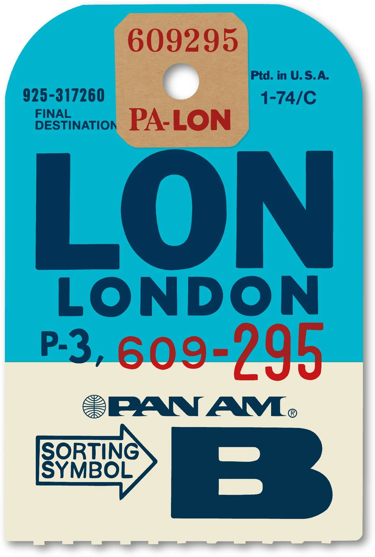 Pan Am London Luggage Tag artwork by Ella Freire, featuring turquoise, navy and red typography inspired by an airline baggage label.