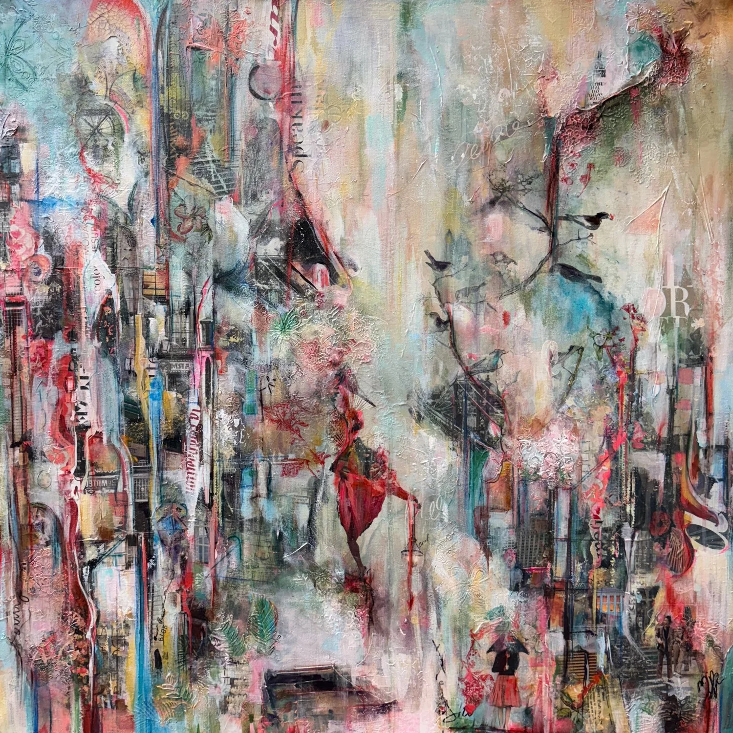 Dancing into the Sky by Marie-Josée Bergeron, a layered mixed-media composition with figures, architectural imagery and pastel colors.