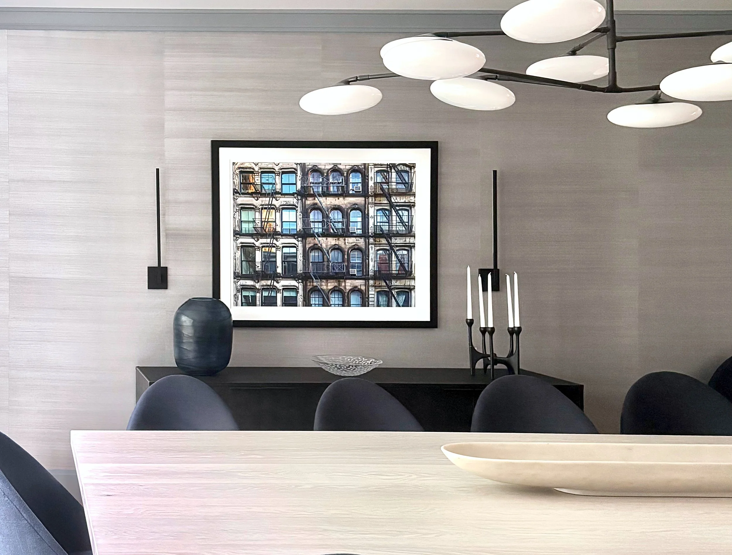 Framed architectural fine art photograph by Jessica Margo displayed on a dining room wall in Summit, New Jersey.