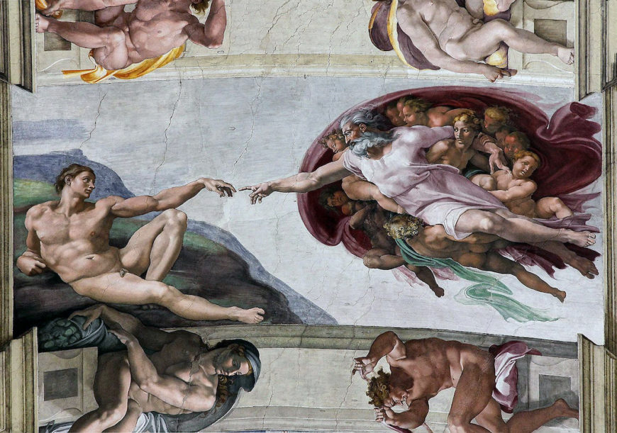 The Creation of Adam by Michelangelo, a fresco on the Sistine Chapel ceiling.