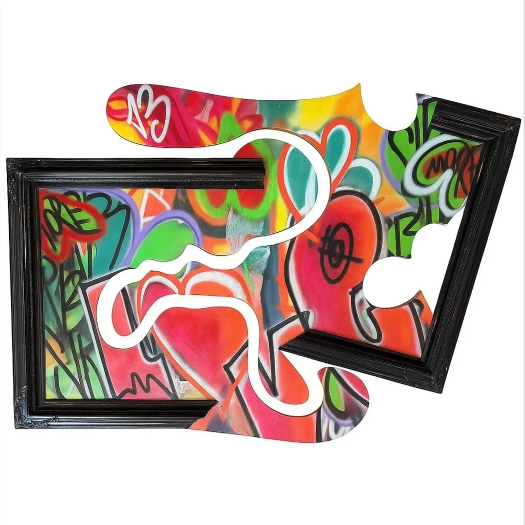 Deframed #3 by Jesús Núñez, a colorful shaped artwork extending beyond two black frame sections, photographed straight on.