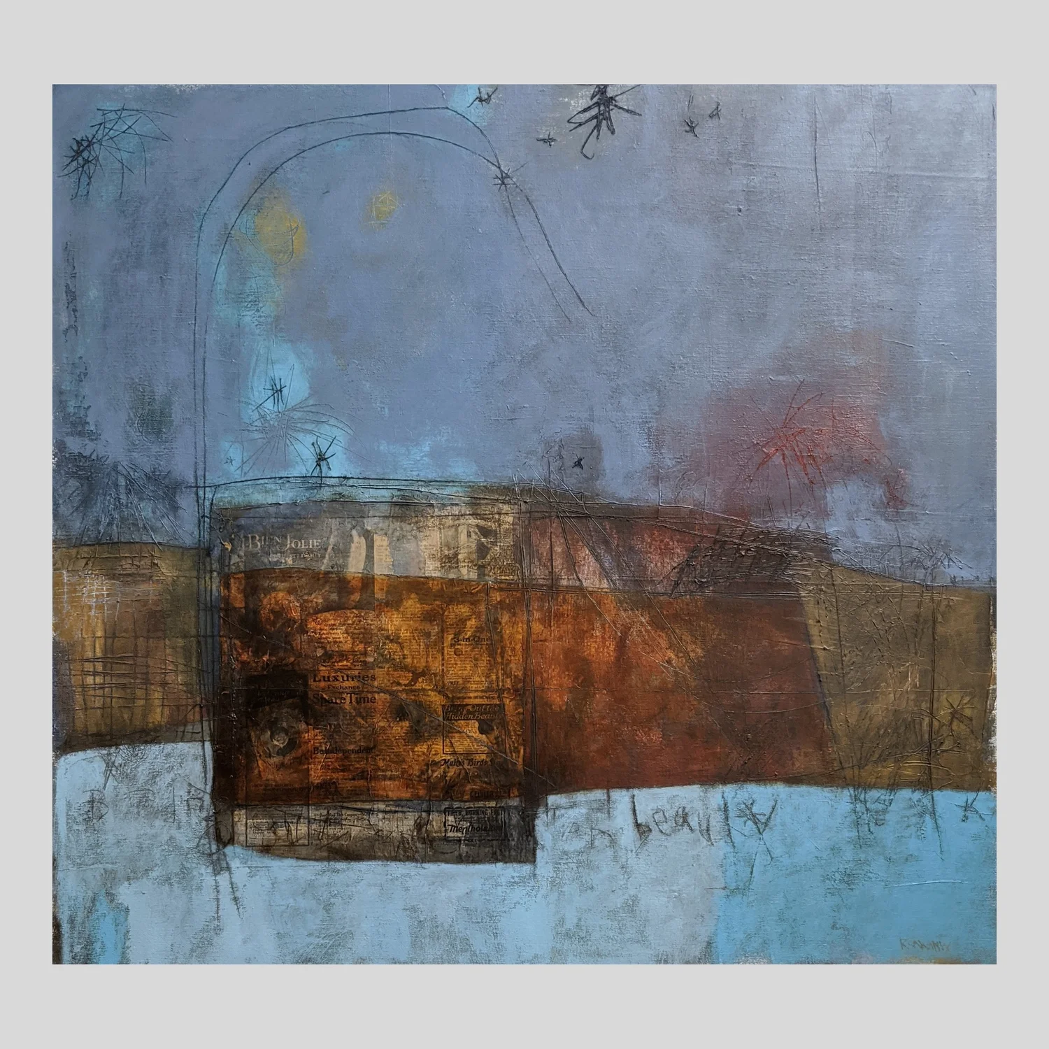 Bring out the hidden beauty by R. Sawan White, a layered composition with pale blue, earthy brown and fine drawn marks.