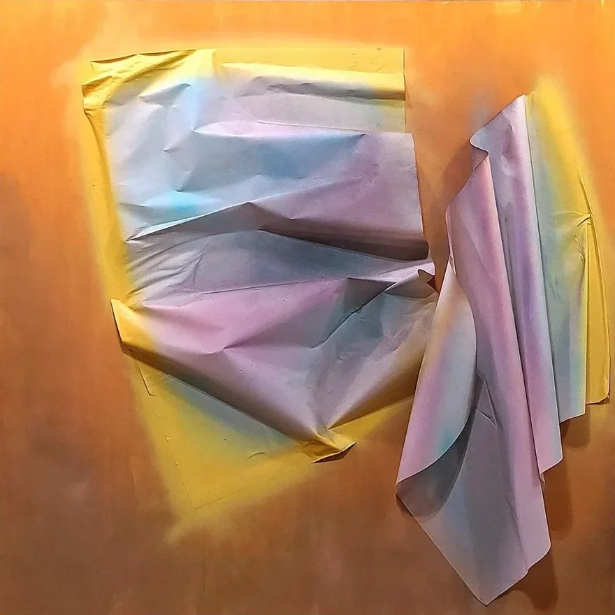 Curl No. 19 by Drew Griffiths: folded paper with acrylic and spray paint on wood, with projecting lavender and pale blue folds on a gold-colored ground.
