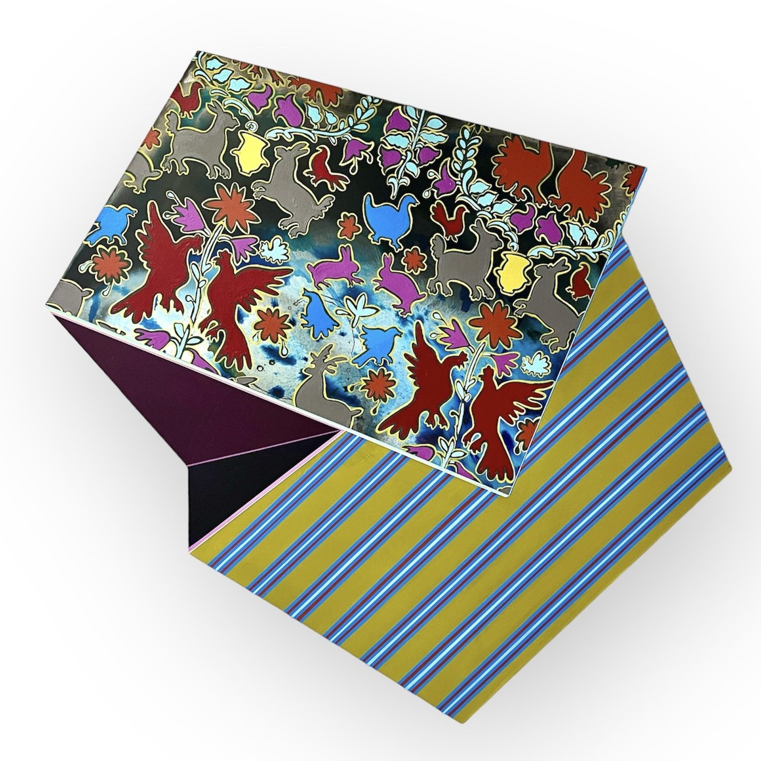 Gypsy by Nichole Gronvold Roller, an irregular polygonal artwork combining colorful animal and floral motifs with diagonal stripes.