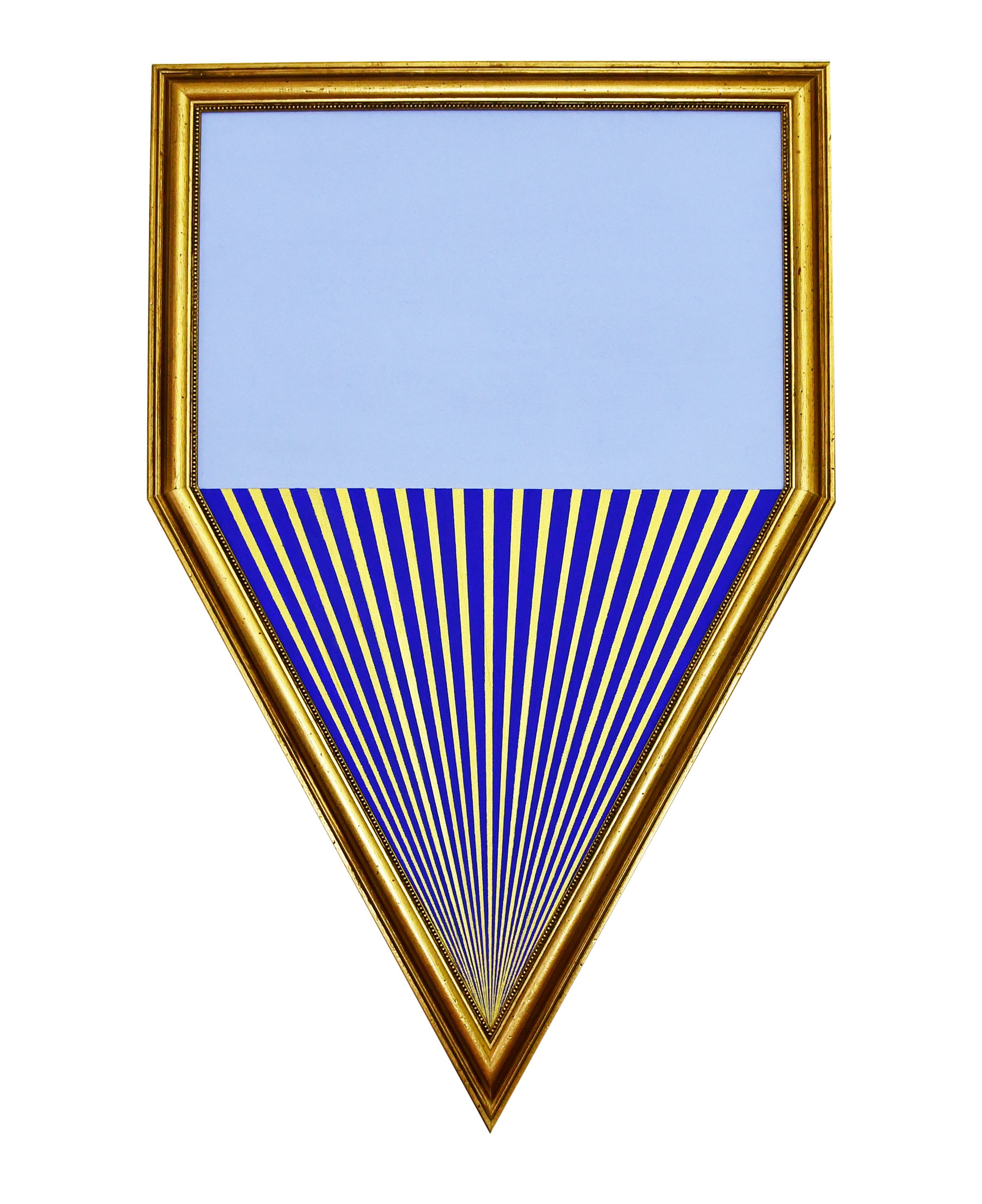 Skyscraper by Zeljka Paic, a shaped artwork with a pale blue upper section and a blue and yellow striped point in a gold frame.