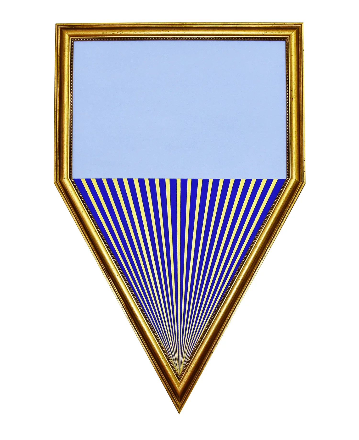 Skyscraper by Zeljka Paic, a shaped artwork with a pale blue upper section and a blue and yellow striped point in a gold frame.