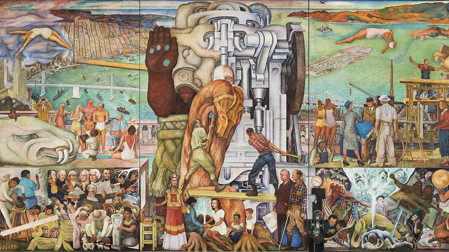 Diego Rivera’s Pan American Unity mural, showing historical figures, workers and machinery.