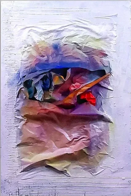 Torn No. 17 by Drew Griffiths: folded and torn paper with acrylic, tape and spray paint on wood, creating projecting layers and shadows.