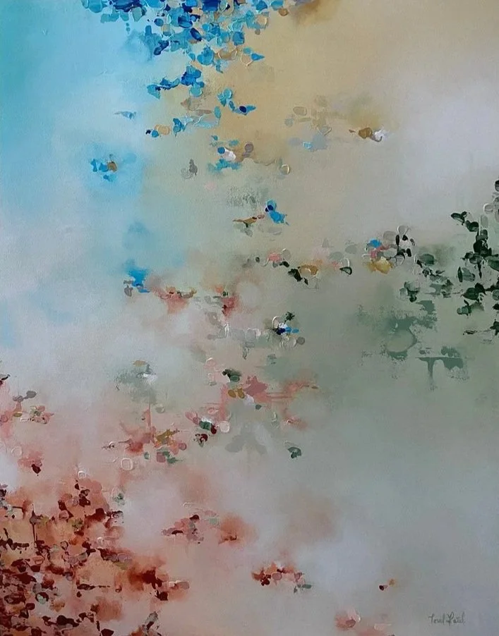 Soft blue, pink and green painting with delicate marks suggesting foliage and an airy landscape.