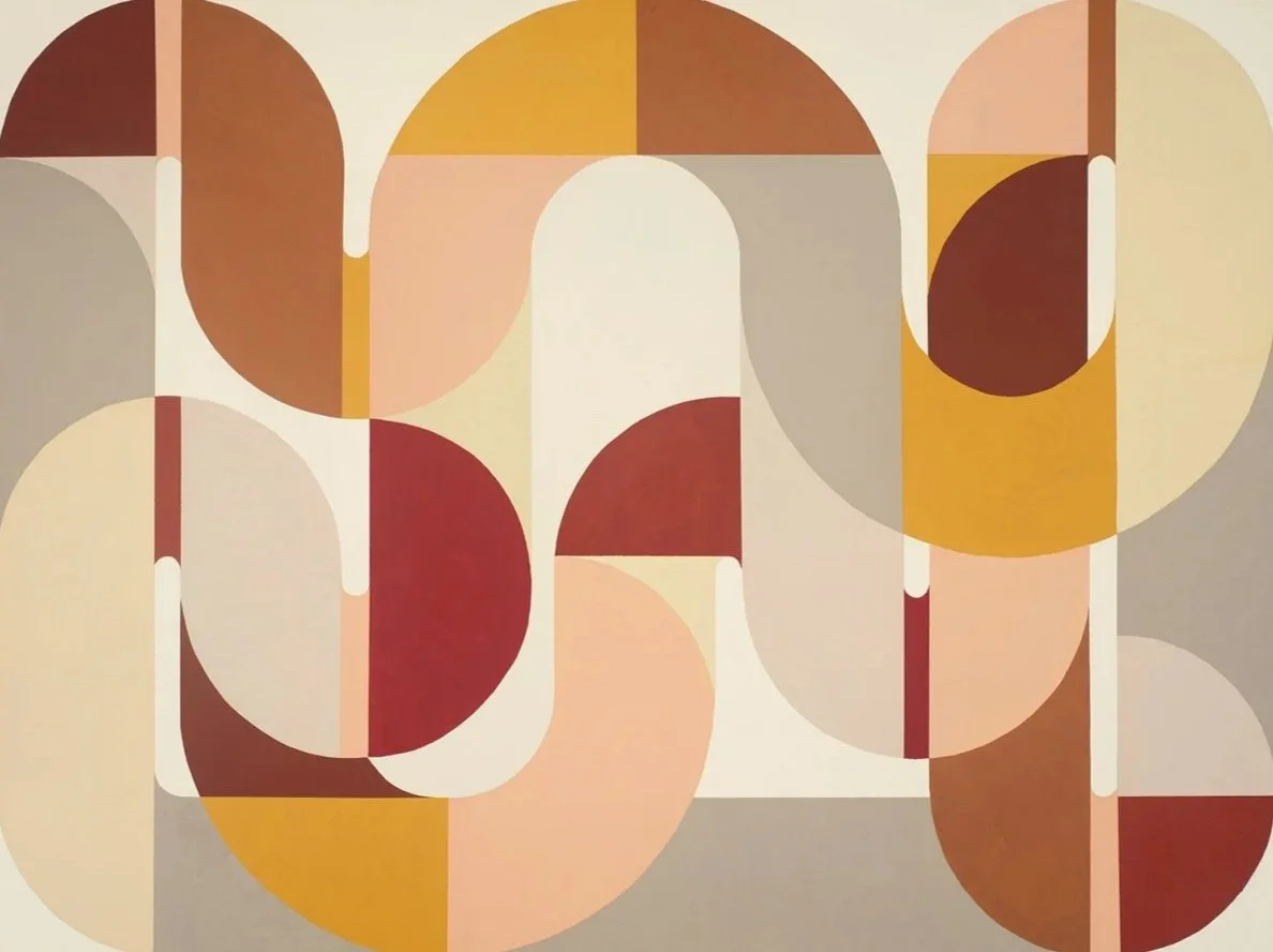 Geometric abstract painting with curved forms in warm neutral colors.
