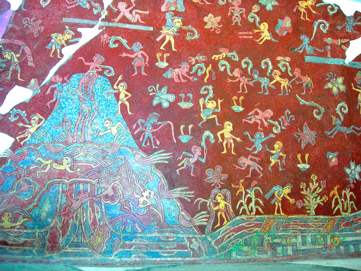 Painted figures and flowing motifs in a red-ground mural at Teotihuacan, Mexico.