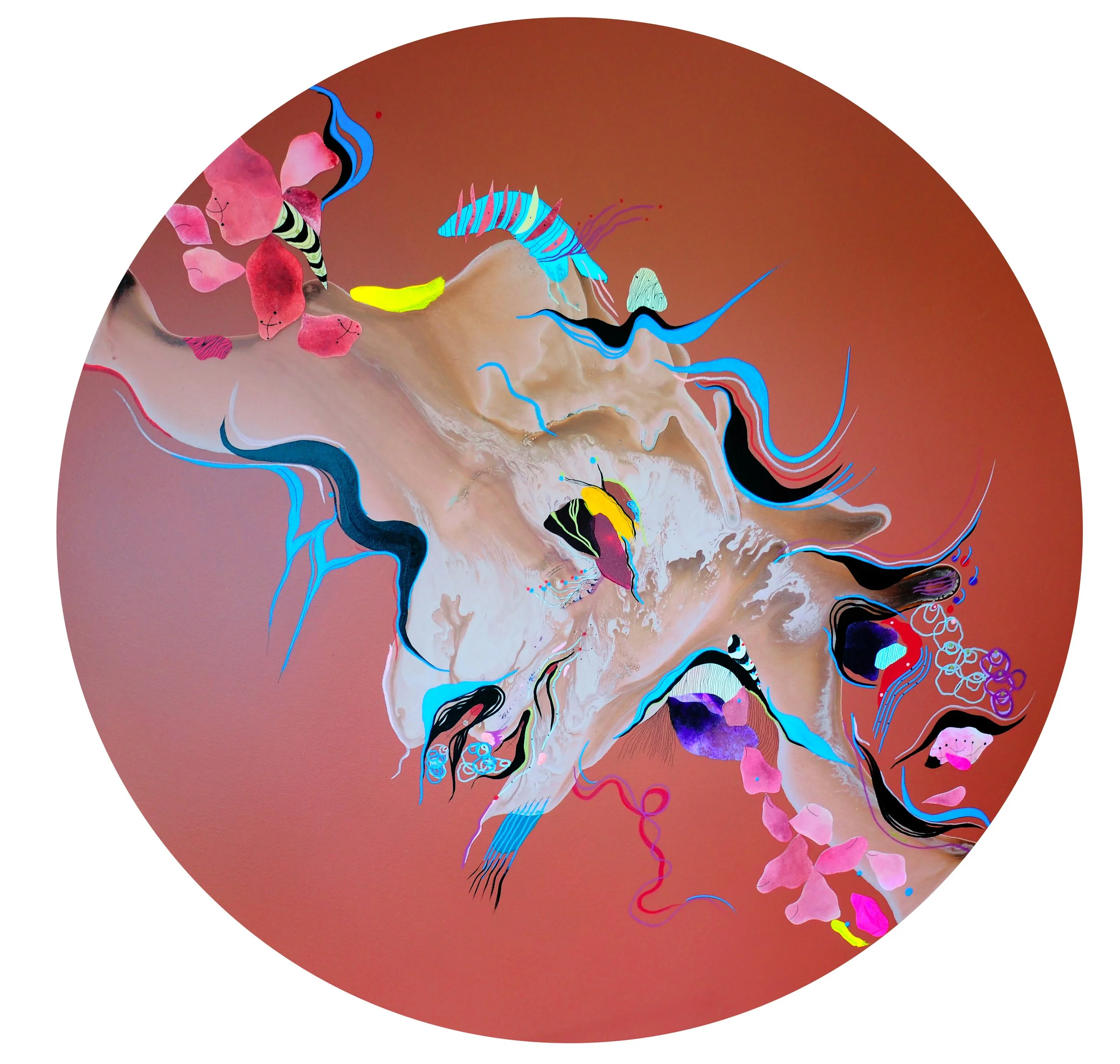 Una Sonrisa Muy Especial, a circular abstract painting by Cynthia Pareja Dubin, shown in full.