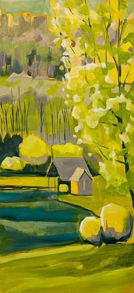 View to Pond in Springtime I by Cindy Kaufman, a green landscape with trees, a pond and a small house.