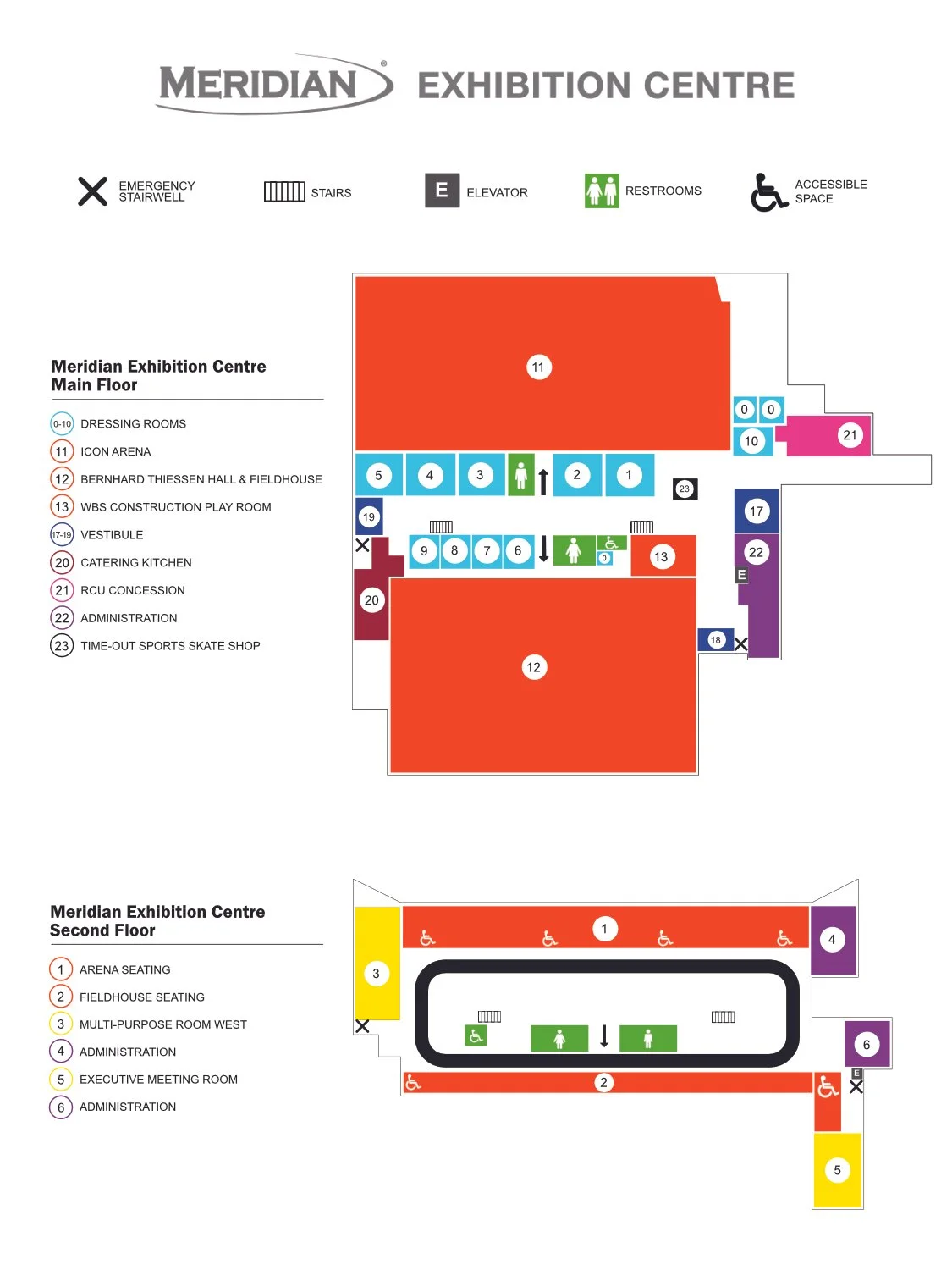 Floor plan of the Meridian Exhibition Centre showing all rooms and facilities on the main and second floors, including seating, administrative offices, restrooms, and accessibility features.