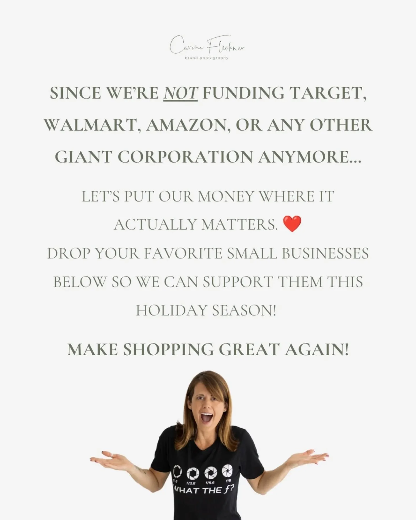 Since we&rsquo;re NOT funding Target, Walmart, Amazon, or any other giant corporation anymore&hellip;

Let&rsquo;s put OUR money where it actually matters. ❤️

Drop your favorite small businesses below so we can support them this holiday season! 🎁

