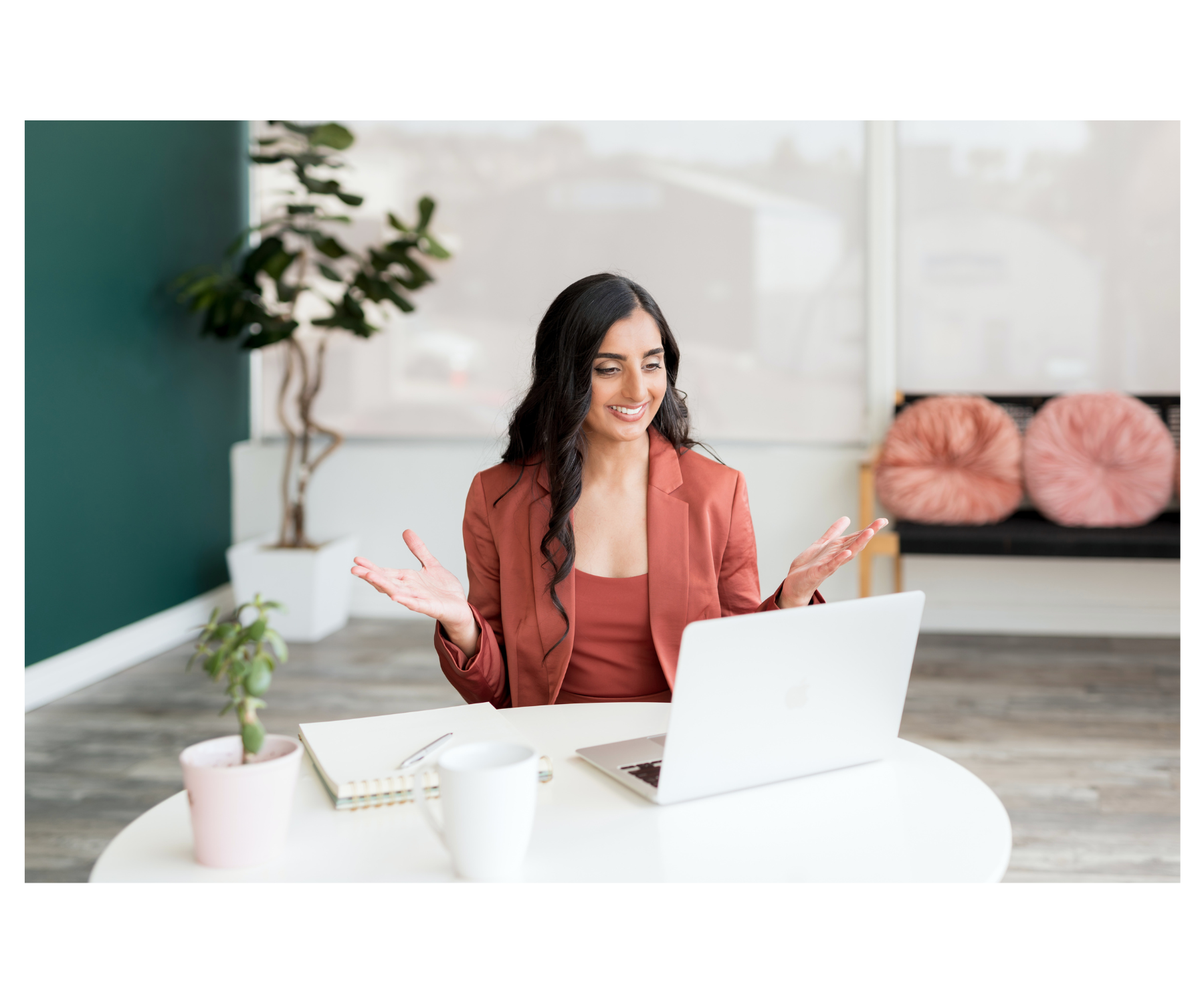 Coach connecting with a client during a virtual video call, captured for her San Diego personal branding photoshoot