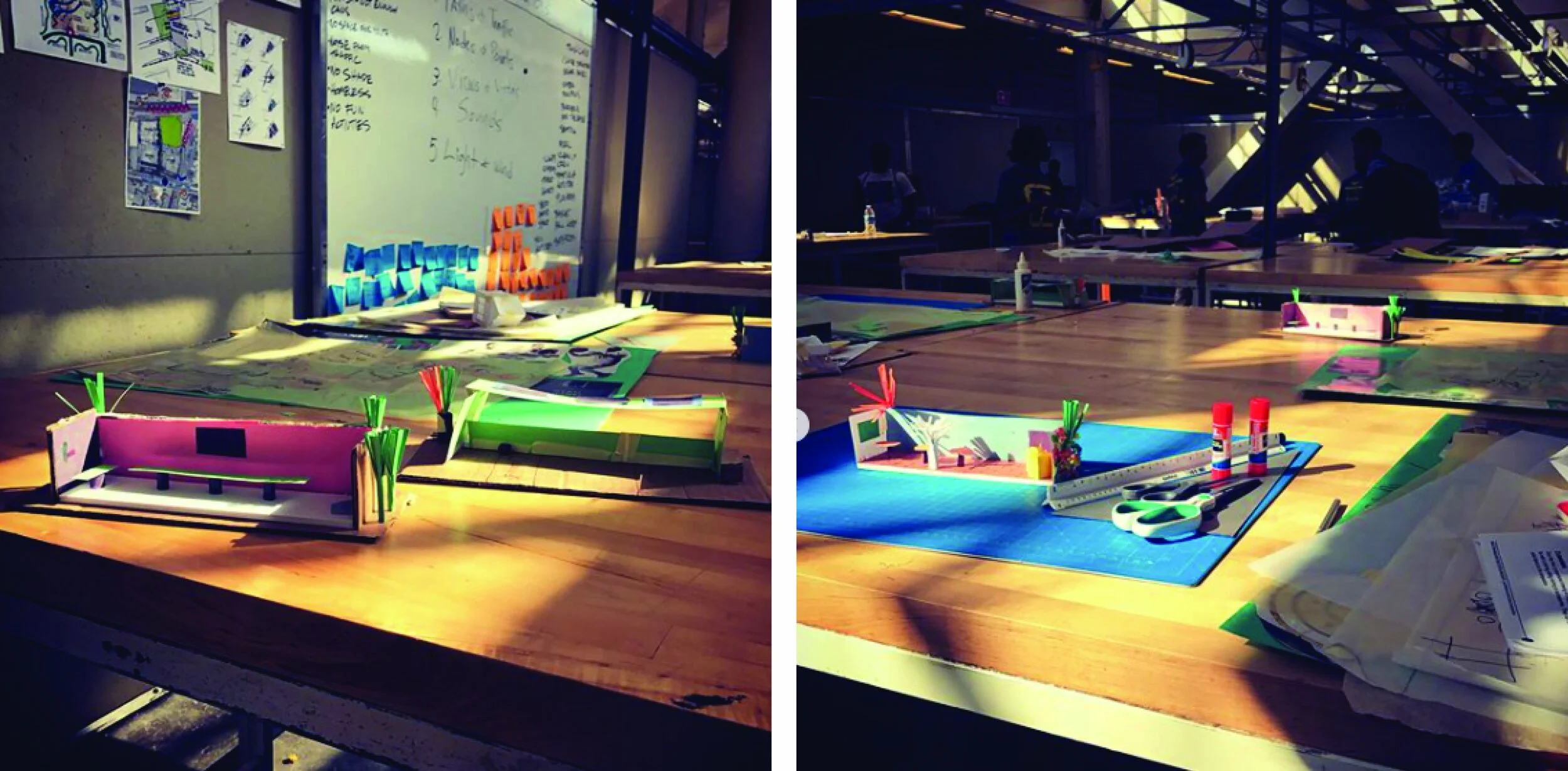 Sketch models of parklets designed by middler schoolers as part of the the San Francisco National Organization of Minority Architects Project Pipeline Camp. FOLLY has participated in three camp sessions, including 2020, helping to provide content fo…