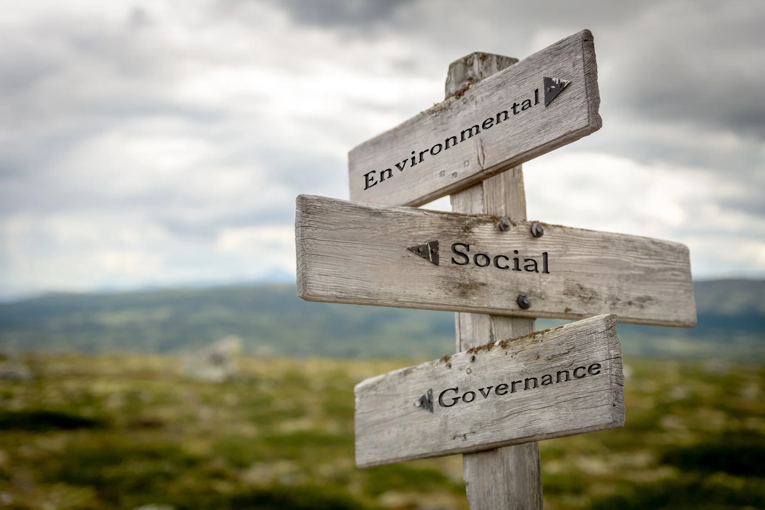 Sign at a crossroads that reads "Environmental, Social, Governance"