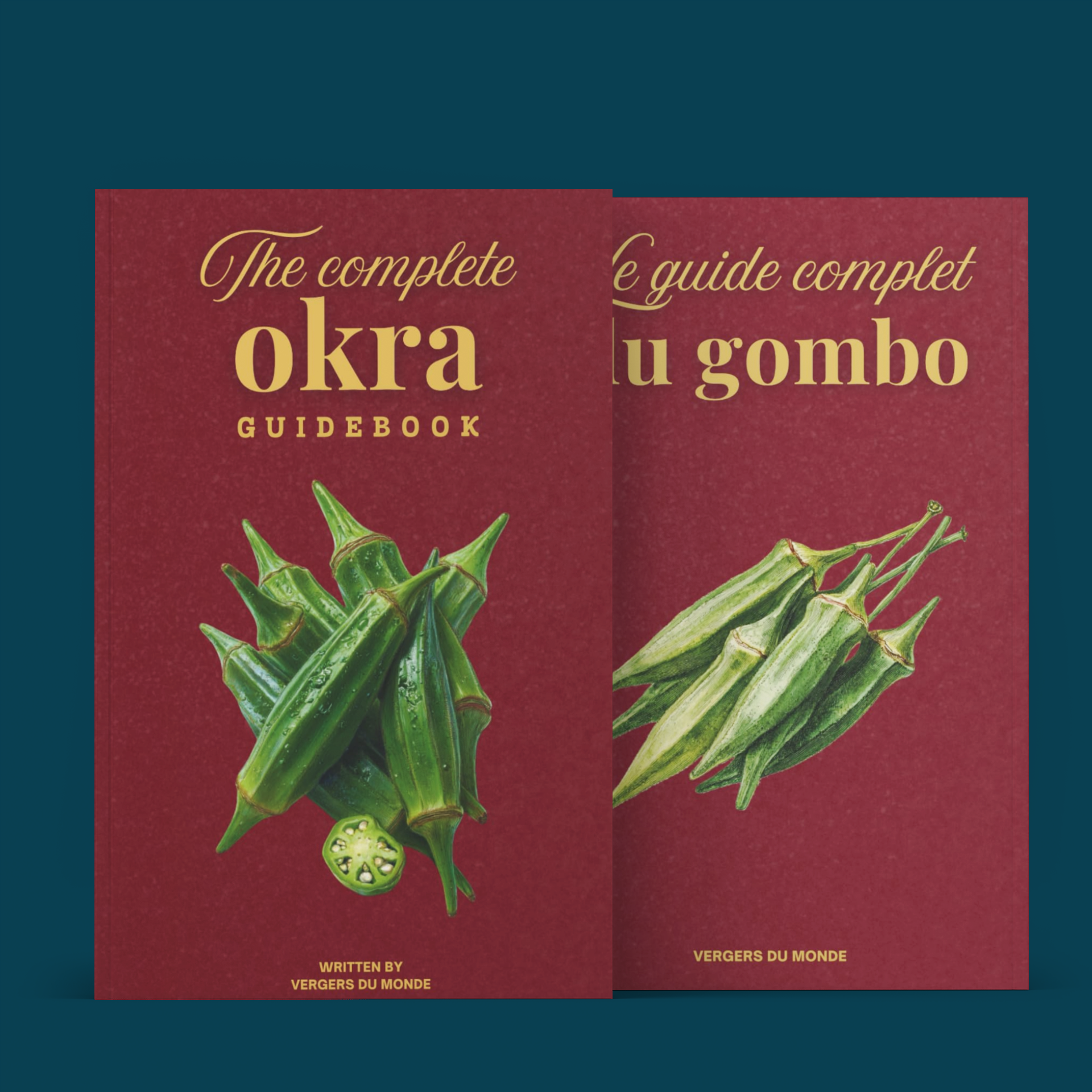 Deux livres avec une couverture rouge montrant des images de gombos vertes. Le texte indique 'The complete okra guidebook' et 'The complete gombo guidebook'.