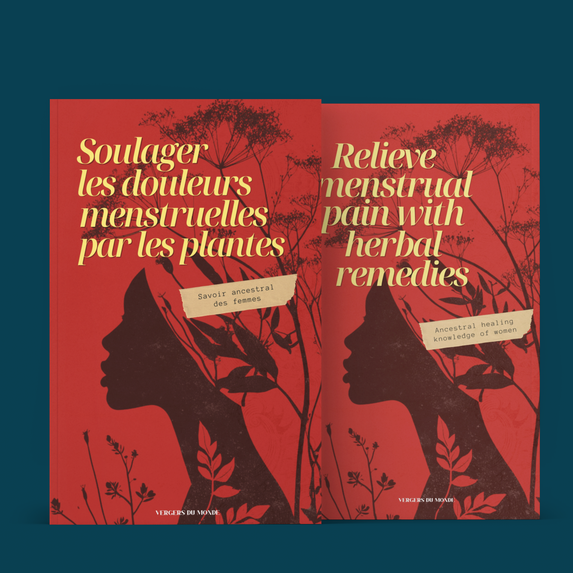 Deux livres avec une couverture rouge et un dessin d'une silhouette de profil de femme avec des plantes en arrière-plan, un texte en français et en anglais sur la couverture