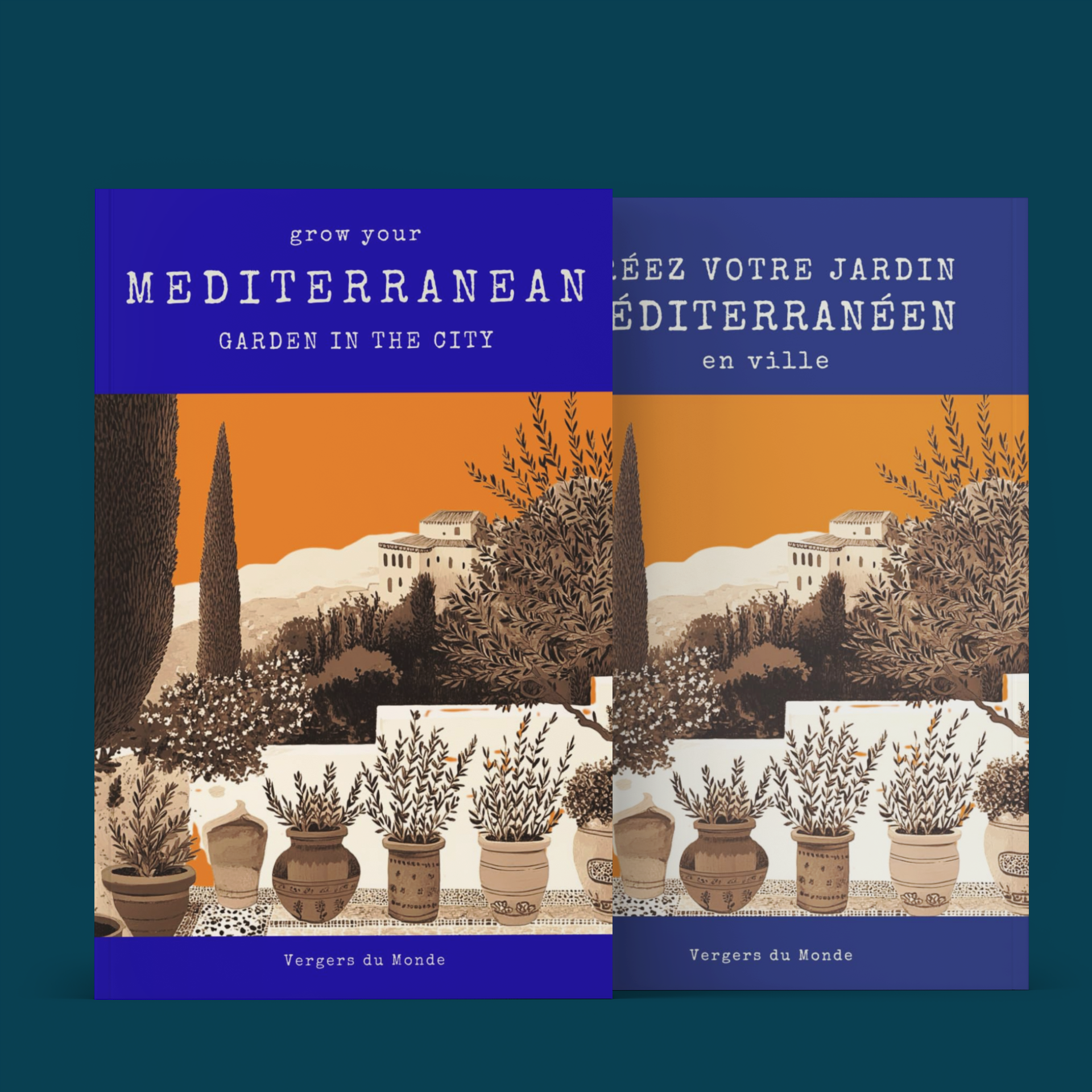 Deux livres illustrés sur le jardin méditerranéen, avec des pots de plantes et un paysage de collines avec des bâtiments en arrière-plan, en tons de brun, beige, orange et bleu.
