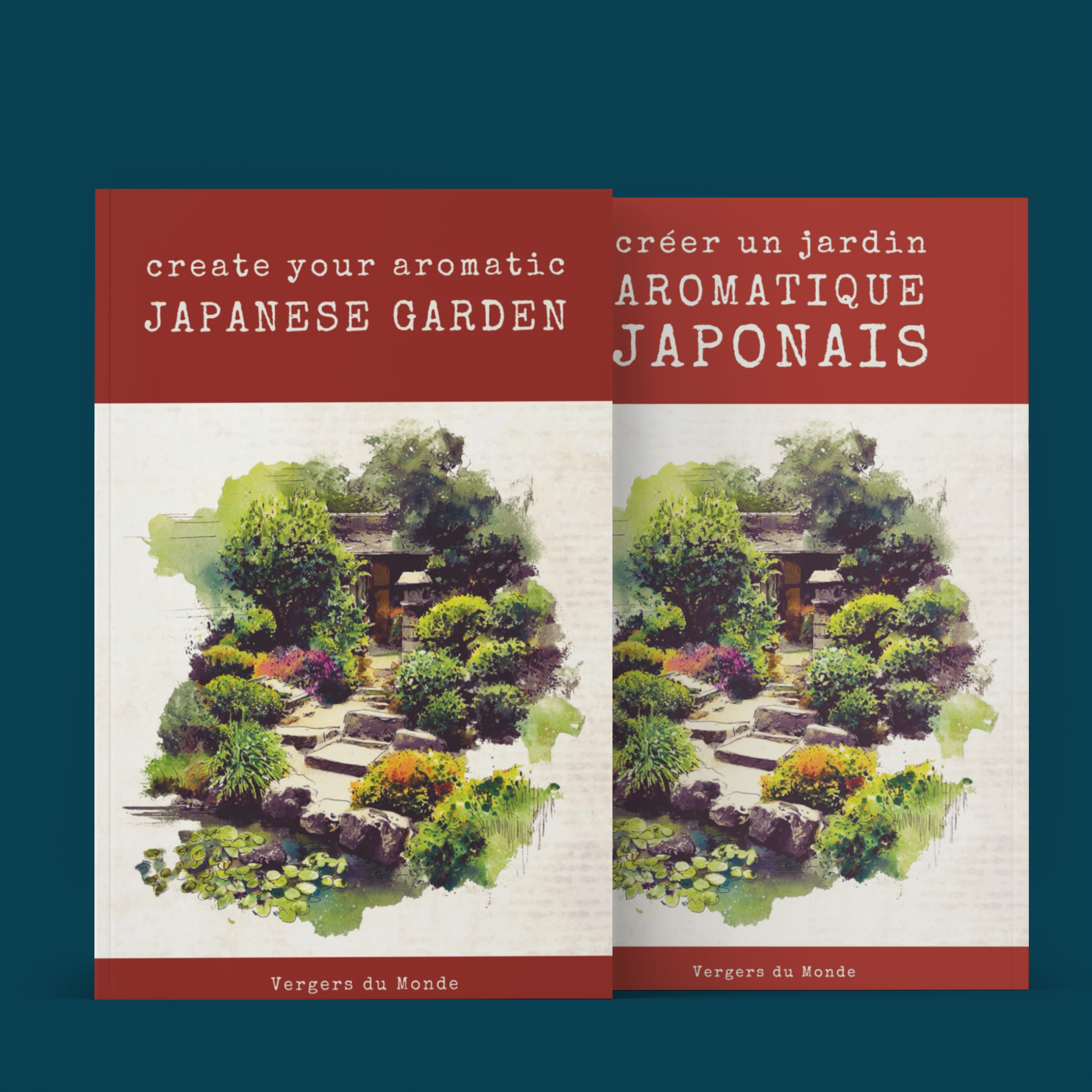 Deux brochures illustrées d'un jardin japonais avec des arbres et des fleurs colorées, un pont en pierres, et un petit bâtiment. Texte en français et en anglais sur chaque brochure, mentionnant "Create your aromatic Japanese garden" et "Créer un jardin aromatique japonais". Fond de couleur bleue.