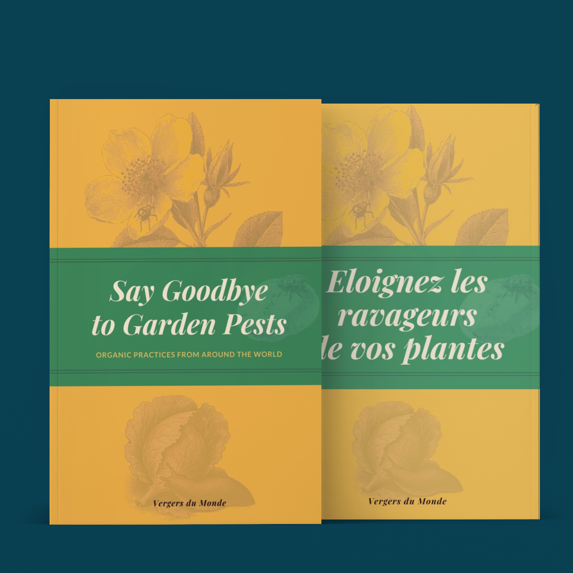 Deux livres avec des couvertures jaunes et vertes, l'un en anglais et l'autre en français, traitant des pratiques organiques contre les nuisibles dans le jardin, avec des illustrations de fleurs, de feuilles et de petits insectes.