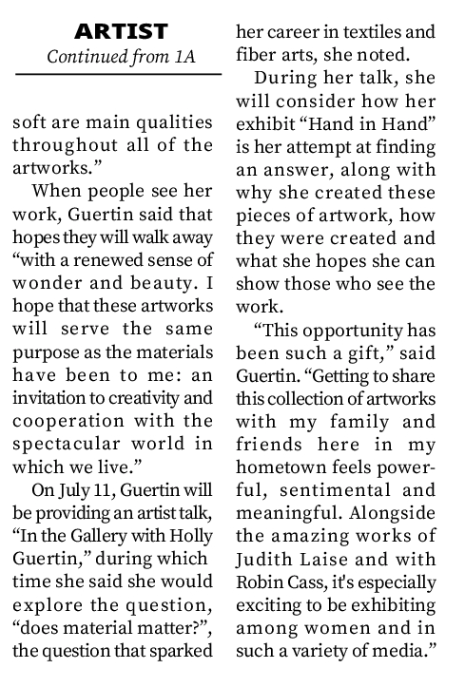 7.10.2026 - "Coming full circle." Textile and fiber artist has debut exhibit at Waterworks PAGE 2