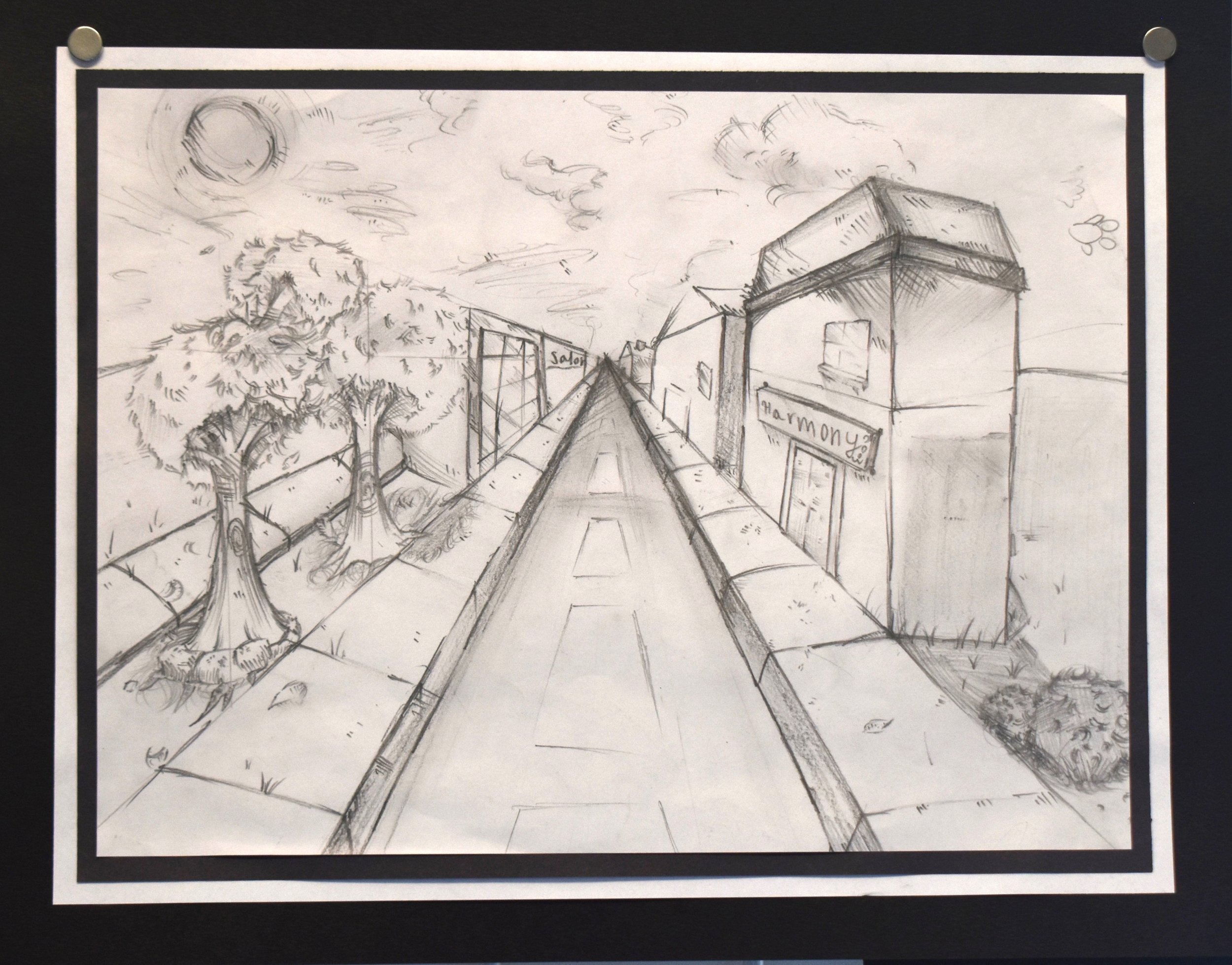 Harmony Weber- One Point Perspective Drawing, 7th Grade, Graphite 