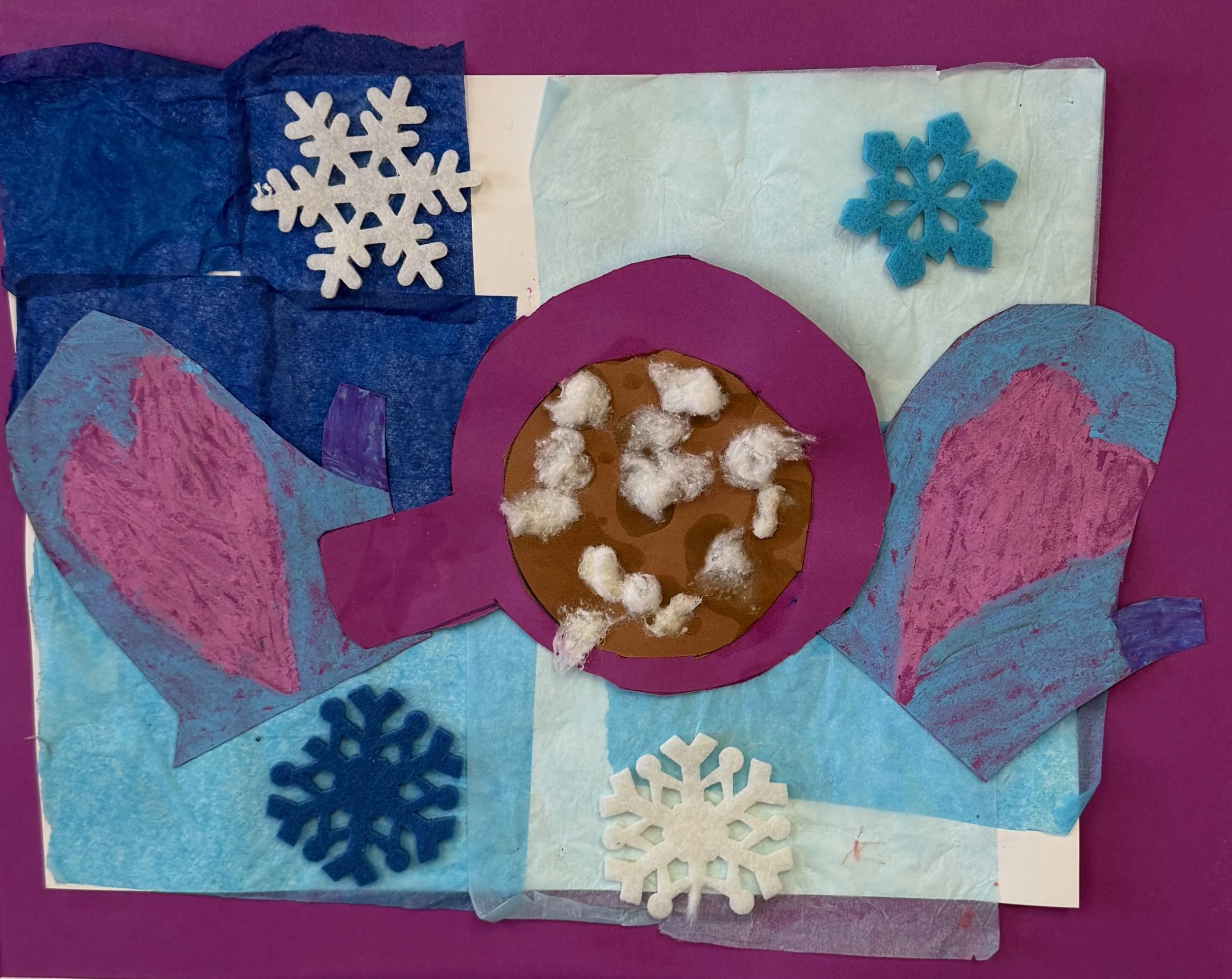 Elizabeth Kaklamanos, Kindergarten, Mittens and Cocoa on a Snowy Day, Mixed Media