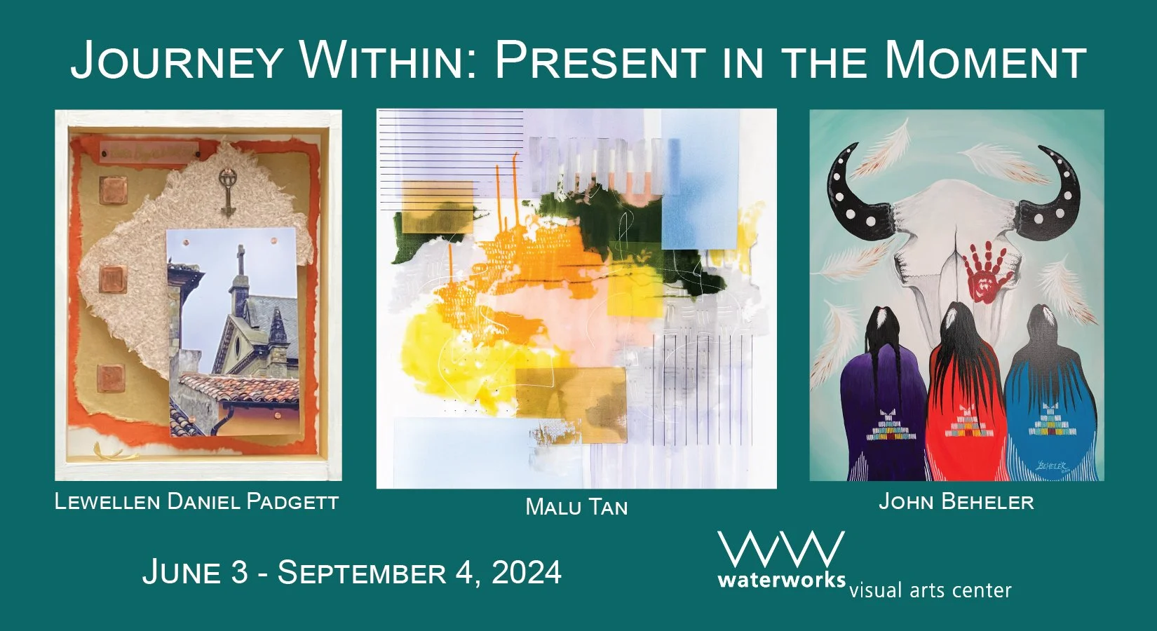 SUMMER 2024 - ART for ALL: Enriching Lives with ART. Journey Within: Present in the Moment. 
'Peace Begins With Me,' mixed media shadow boxes by Lewellen Padgett; 'Changing Spaces: When I Think of Home,' mixed media paintings and installation by Malu