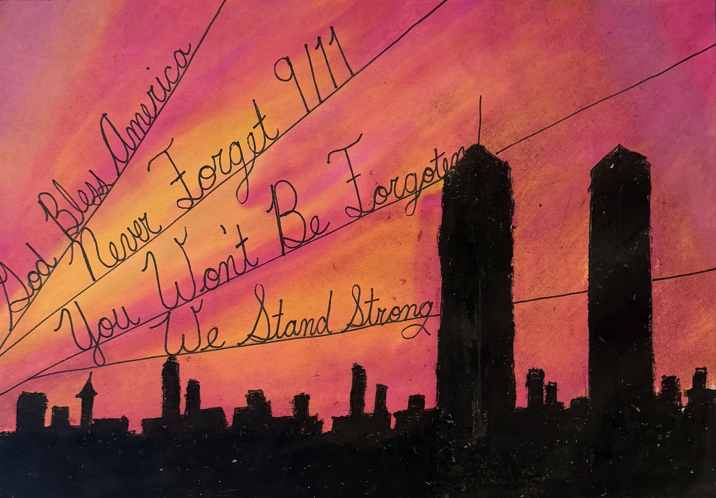 Erin Downs, 7th, Remember 9/11, Oil Pastel, Sharpie, and Watercolor