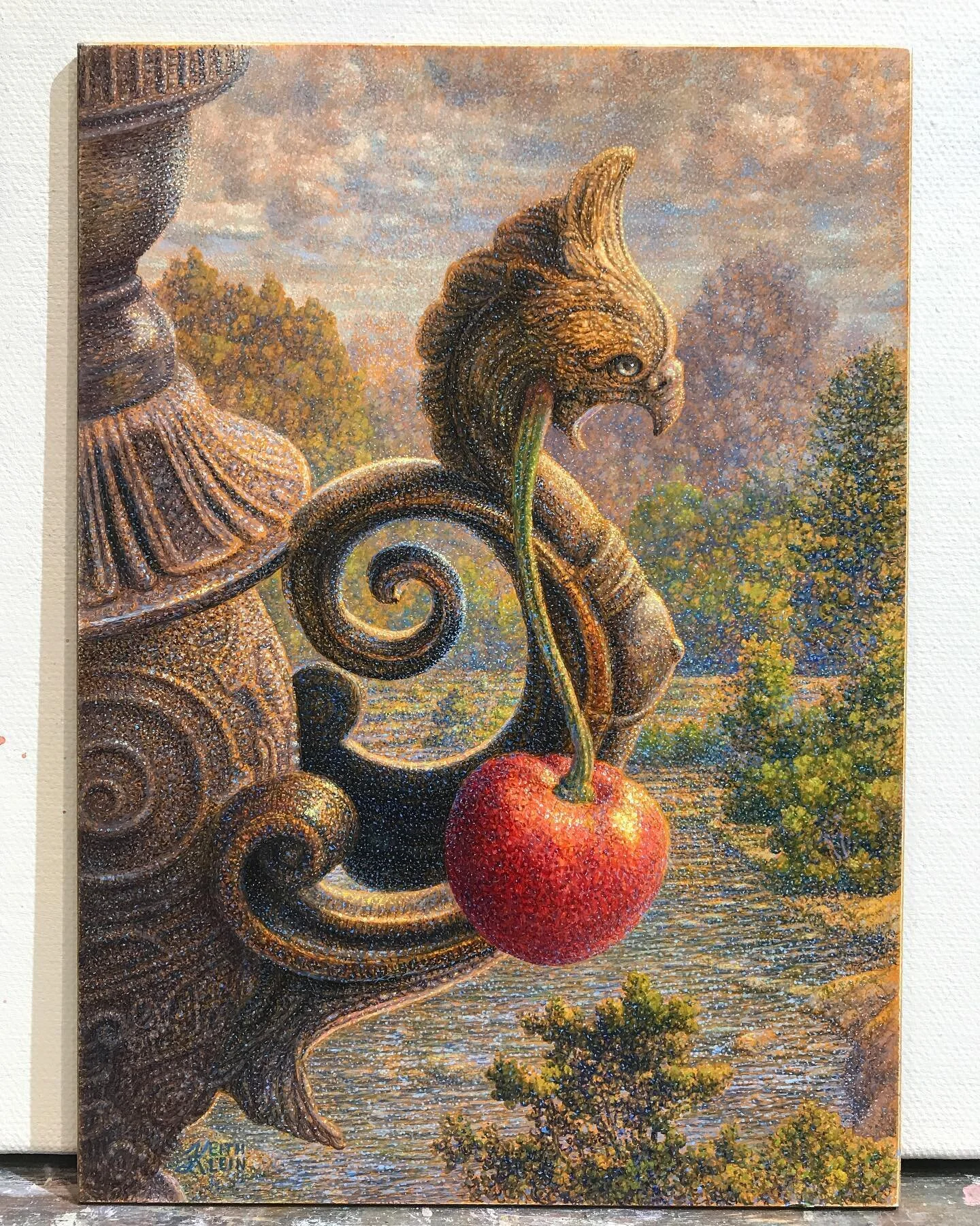 “Cherry Bomb” by Keith Klein oil on panel 7x5 #surrealism#smallpaintings#finepainting#dragon#fantasyart#fantasy#artoninstagram#cincinnatiartgalleries#representationalart#morphing#artindetail#kentuckyartist#playfulart#narrativepainting#nar