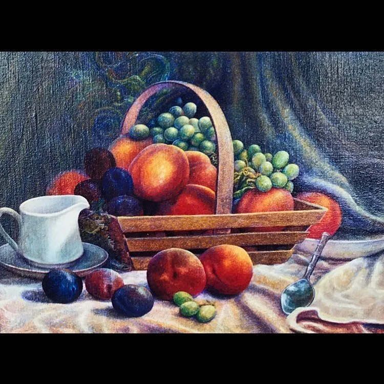 “Peaches and Cream” by Keith Klein 12x16 oil on canvas#stillife#fruit#fruitart #realism#representationalpainting#classical#peaches#grapes#spoon#cincinnatiartgalleries#artoninstagram#instaart#kentuckyartist#livingartist#americanartcollecto