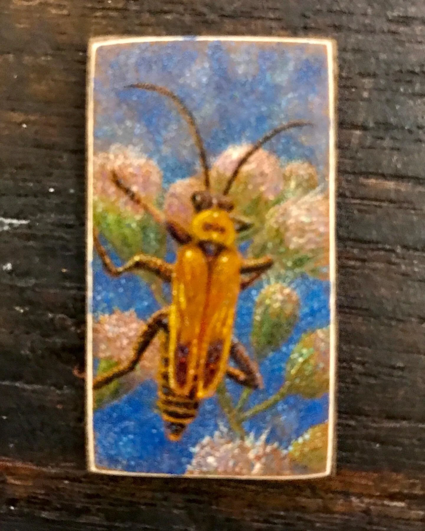 “One Bug’s Life”by Keith Klein 1 3/8” x 3/4” oil on panel#bugart#tinypaintings#miniaturepaintings#smallart#collectart#buyart#startsmall#cincinnatiartgalleries#bug#tinyart#tinyartwork#artoninstagram#instaart#artfun#detail