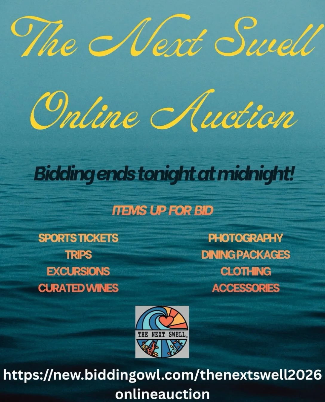 ⏰ The Countdown is ON ⏰ 

The Next Swell&rsquo;s 2026 Online Auction closes TONIGHT at midnight (EST)‼️

This is it &mdash; your final chance to bid, win, and send a future marine scientist to school 🫍🦞🪼🐡!

Every dollar goes straight into scholar