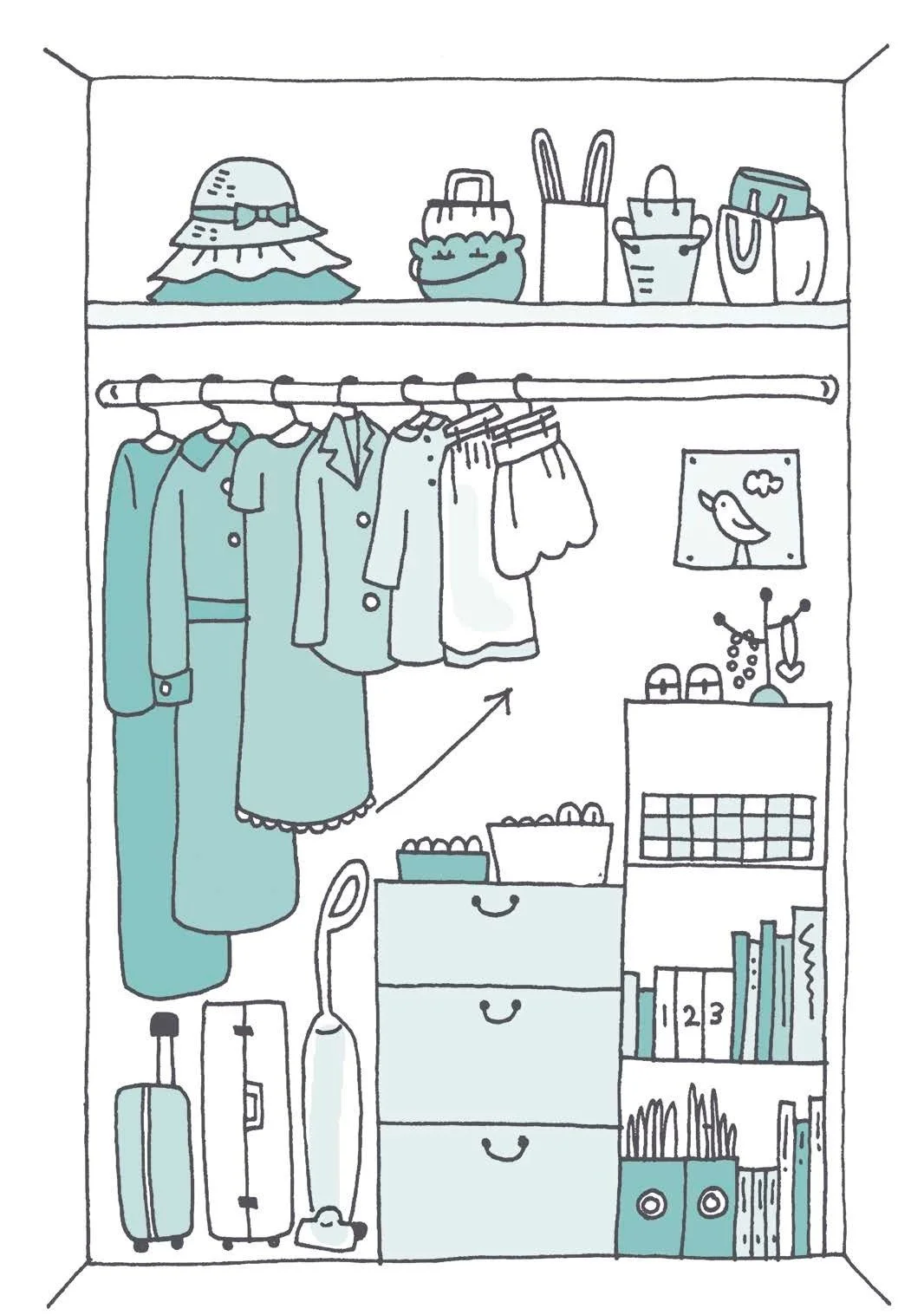 KonMari suggested drawing of a closet with shelves, hanging clothes, storage boxes, a small picture, books, and cleaning tools.