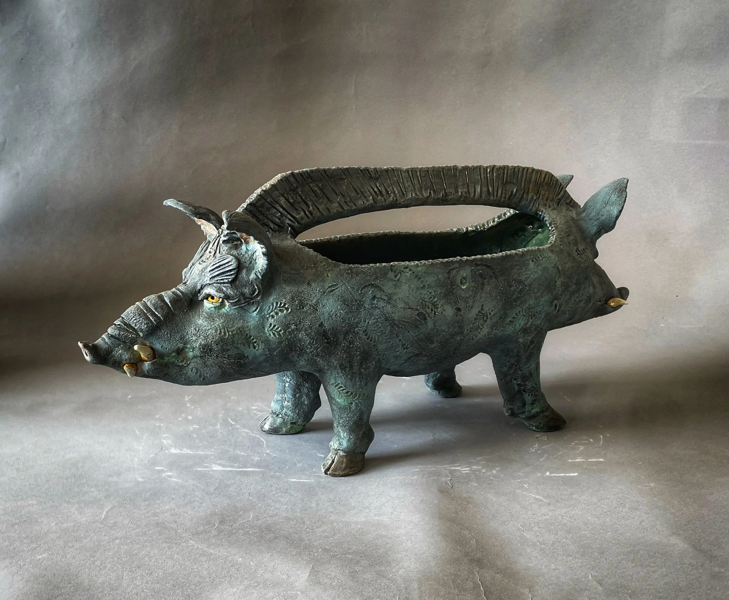 Ren Lee
Wild Boar Basket
Back when I lived in the Texas Hill Country I had a violent encounter with a wild boar that totaled my car and impressed me with the scale and scope of mayhem these massive beasts can cause.* Now my karma is forever linked to