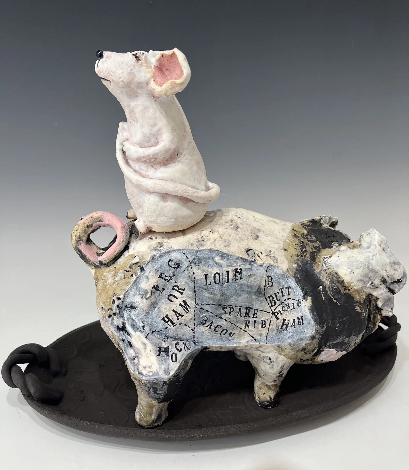 
Carolyn Markis
Gaines, Loses and Hindsight
Mid range clay white, pink porcelain,  black clay, stains, glaze fired cone 5
11 x 7 x 14
2025
$500.