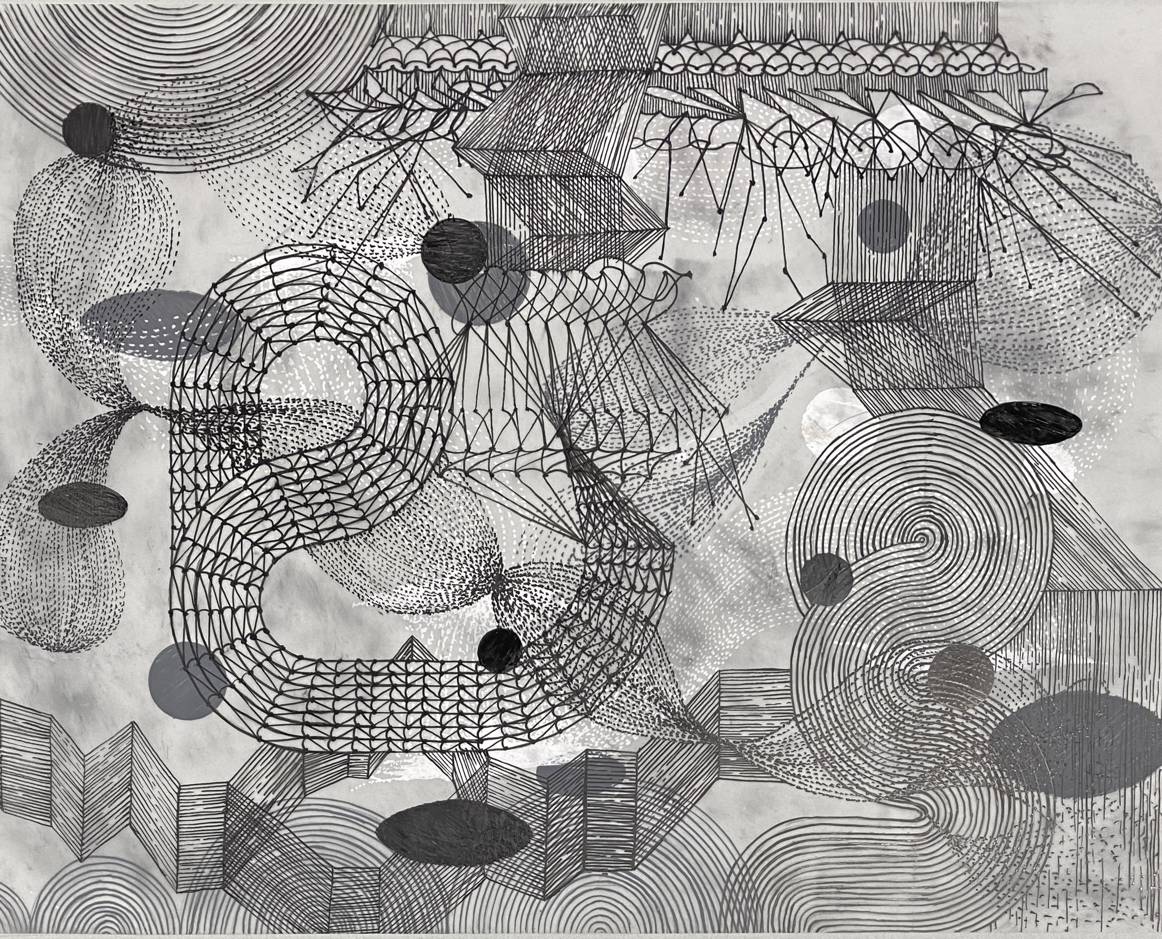 Untitled, black ink, white ink, graphite on Dura-lar, 9" x 12", 2023