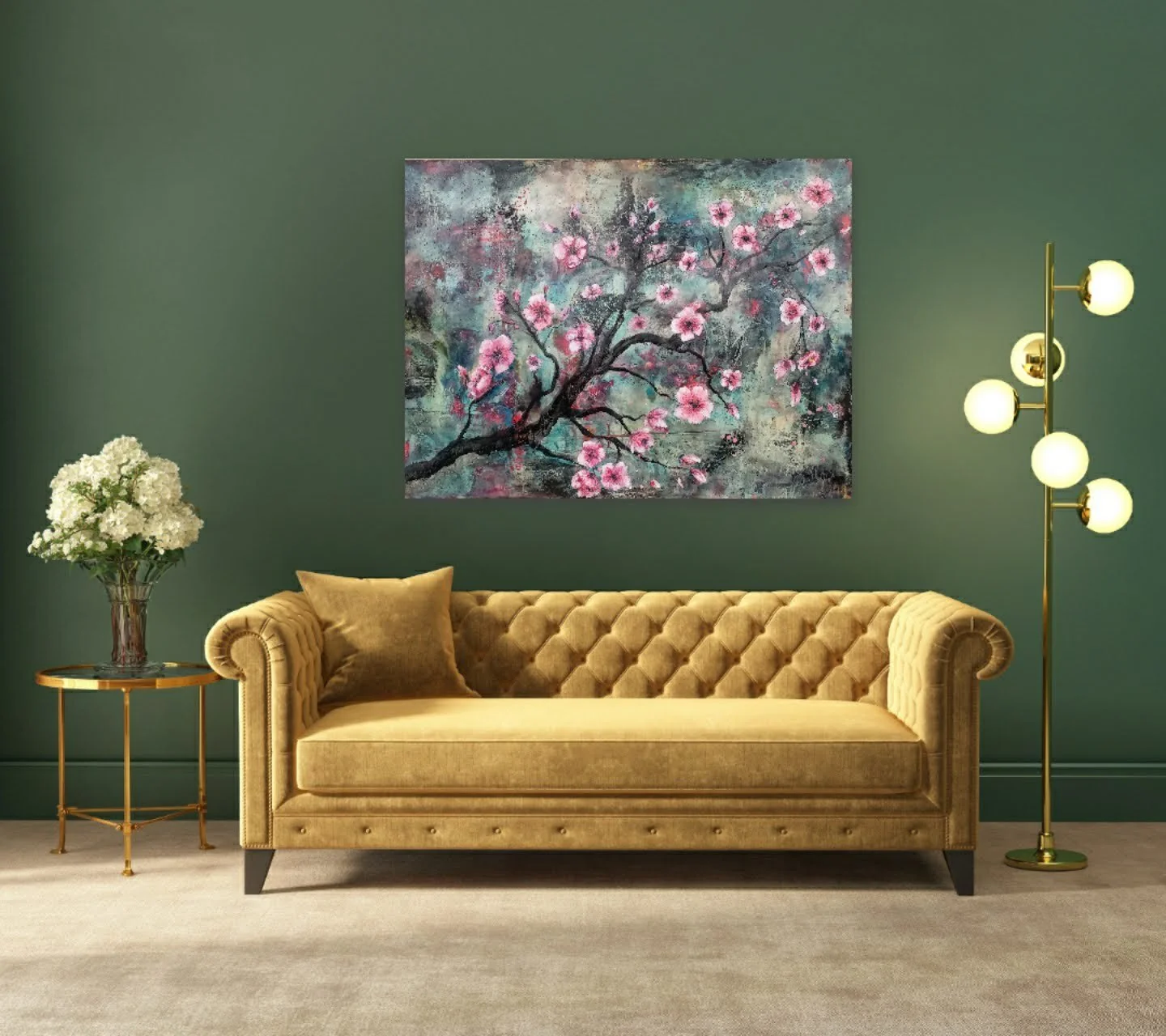 Big Fine Art Cherry Blossom Painting over golden couch