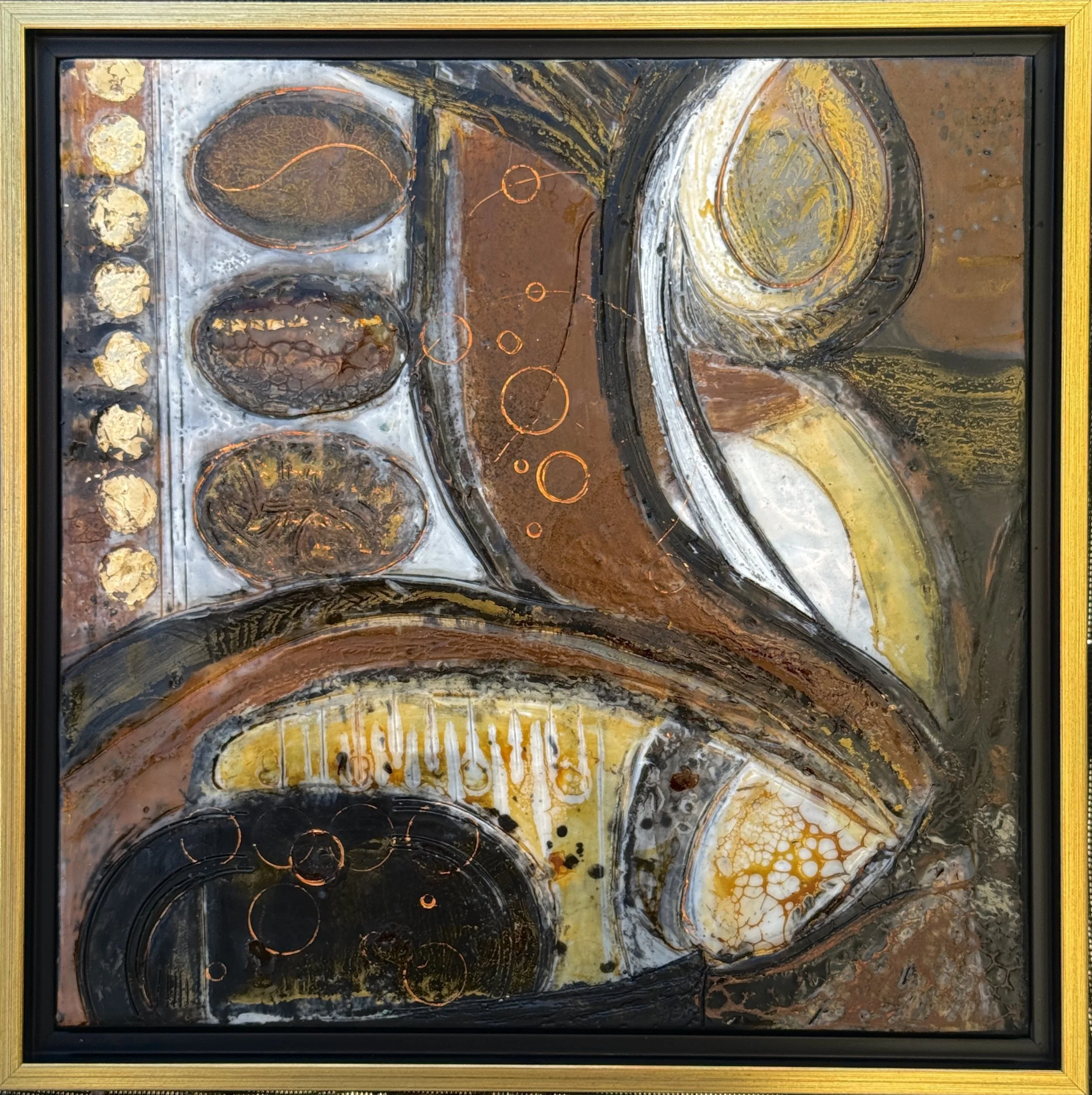 12 x12  Encaustic, Peat Ash, Carbon, St. Brigid's Holy Water on panel in gold frame