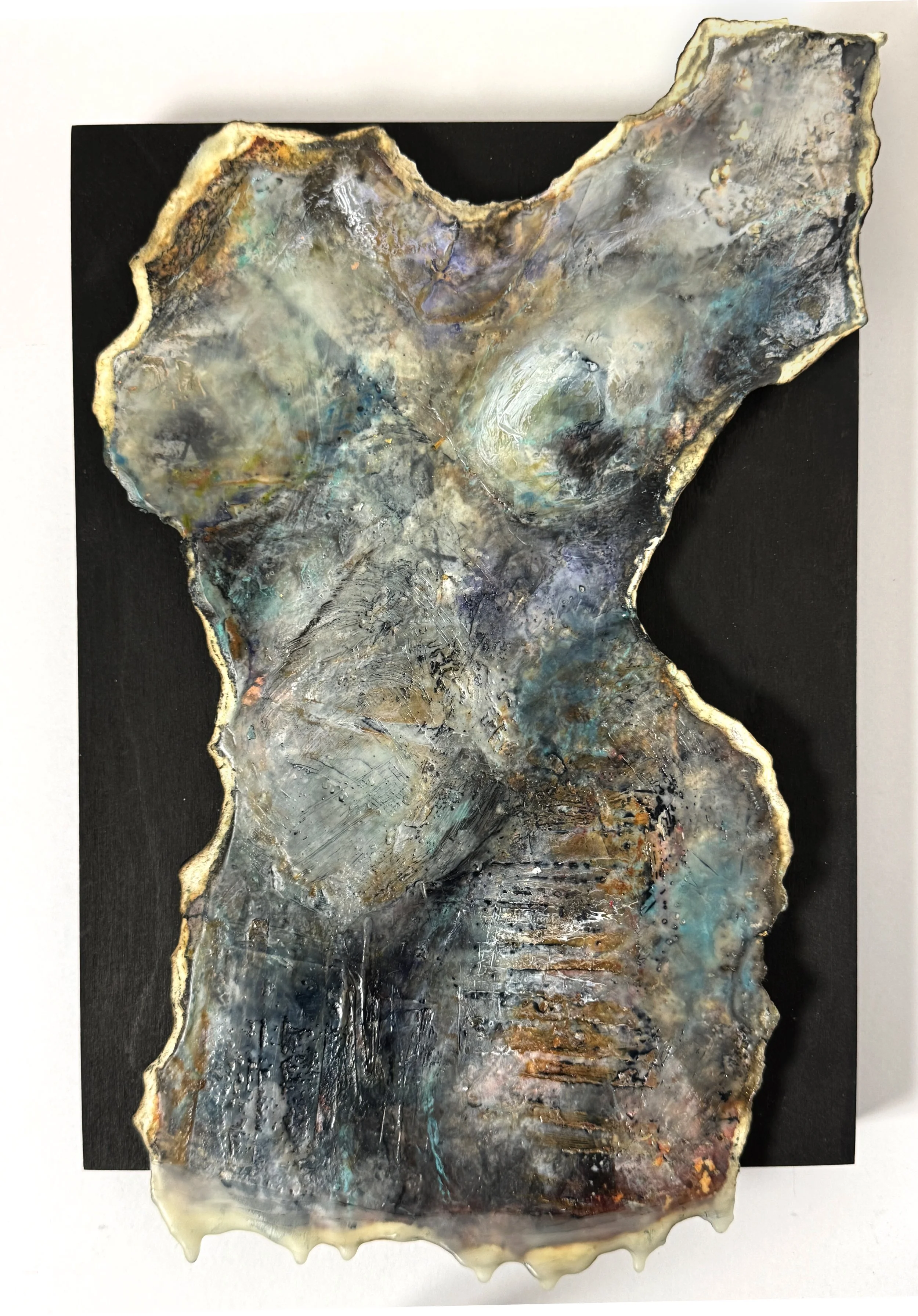 Mila: 8x16 Encaustic, Peat Ash, Carbon, St. Brigid's Holy Water on Torn, Burnt & Dipped Paper mounted on cradled panel