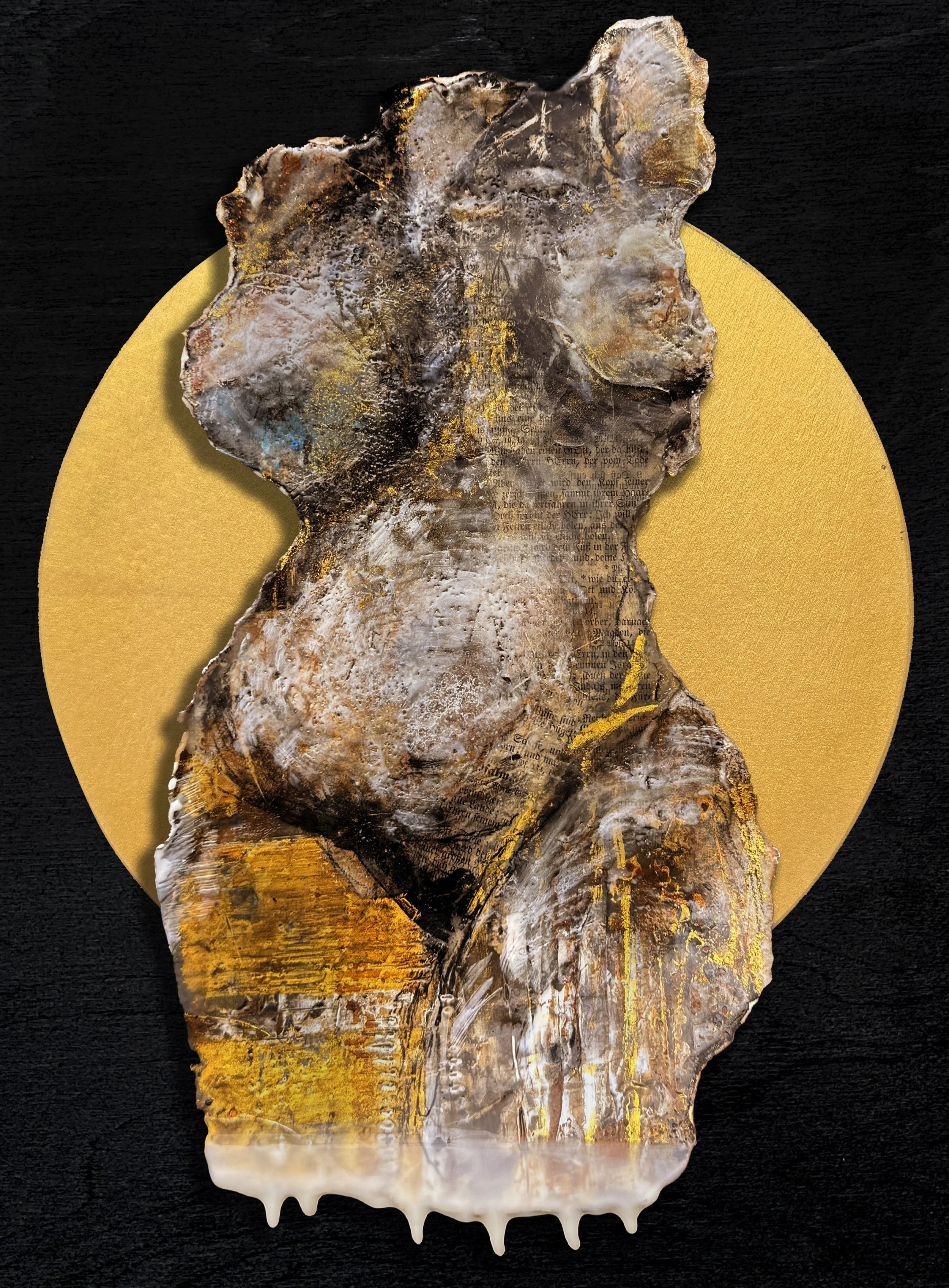 Williams_Ciara _Irish Goddess2_12x16 Encaustic Peat Ash, Carbon Gold Pigment, Holy Water Torn Burnt Dipped Paper on 8in Gold panel.jpg