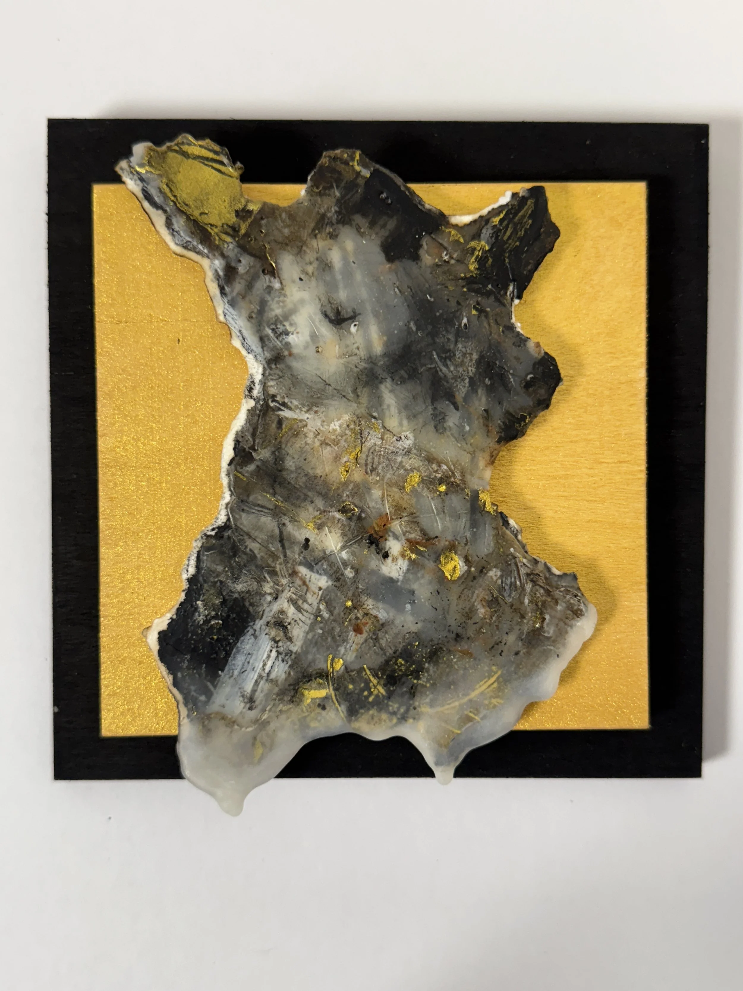 Sarah 6x6 Encaustic, Peat Ash, Carbon, St. Brigid's Holy Water on Torn, Burnt & Dipped Paper mounted on cradled panel