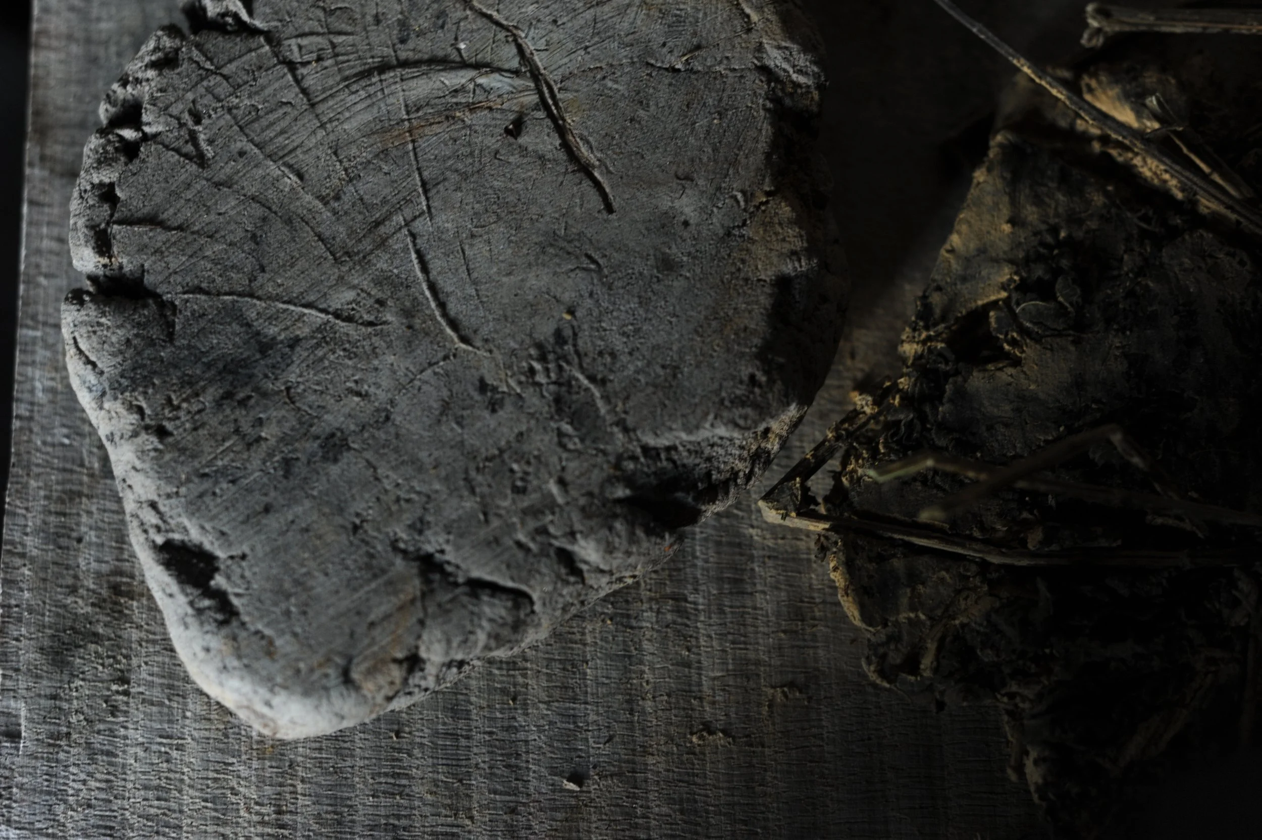 Close-up of a large, weathered piece of wood with cracks, placed on a rough wooden surface.